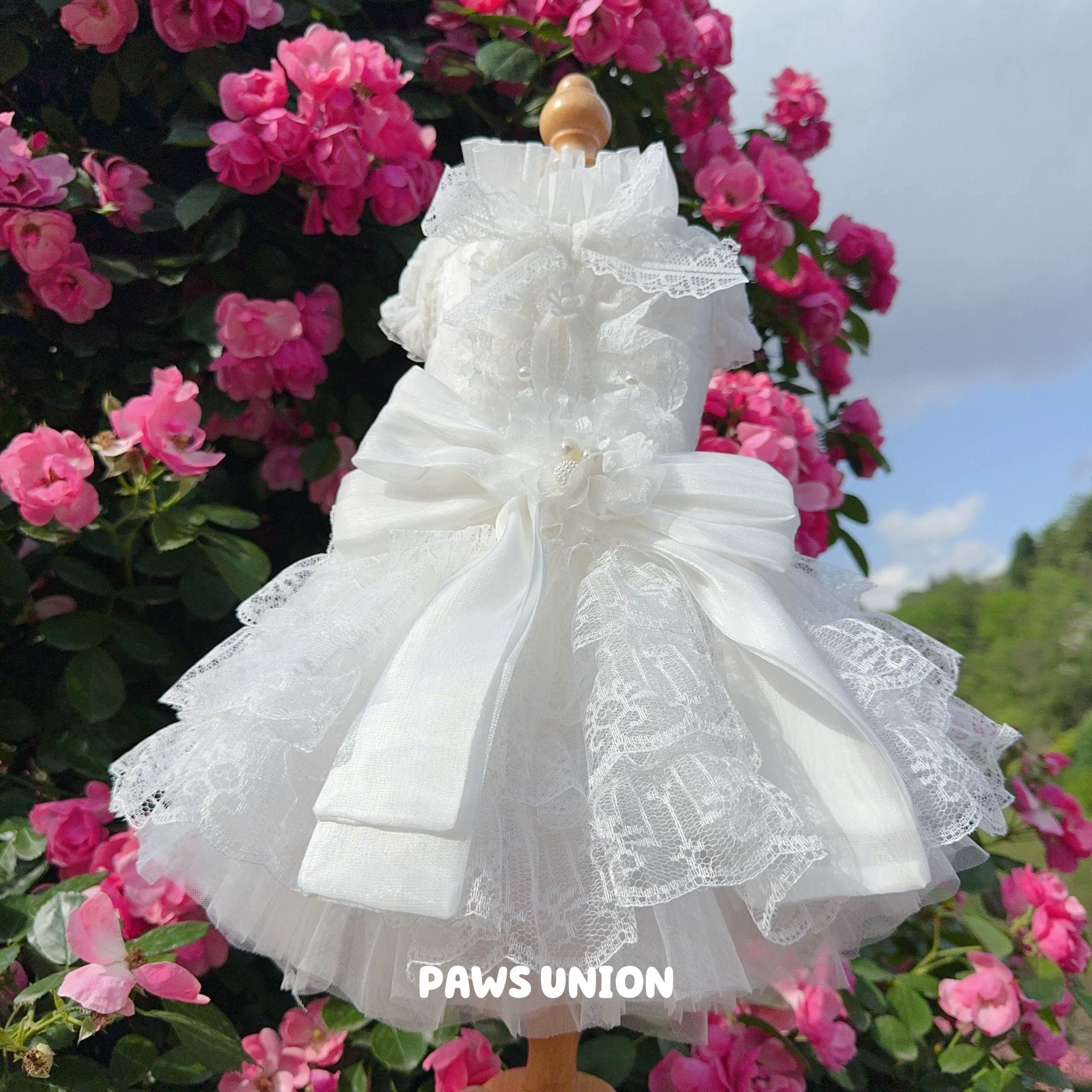 Coco Rosette Dog Wedding Dress with Train, White Tulle Dog Gown, 3D Flower Princess Dress for Dogs, Pet Bride Outfit, Dog Flower Girl Dress — product photograph 6 of 7.