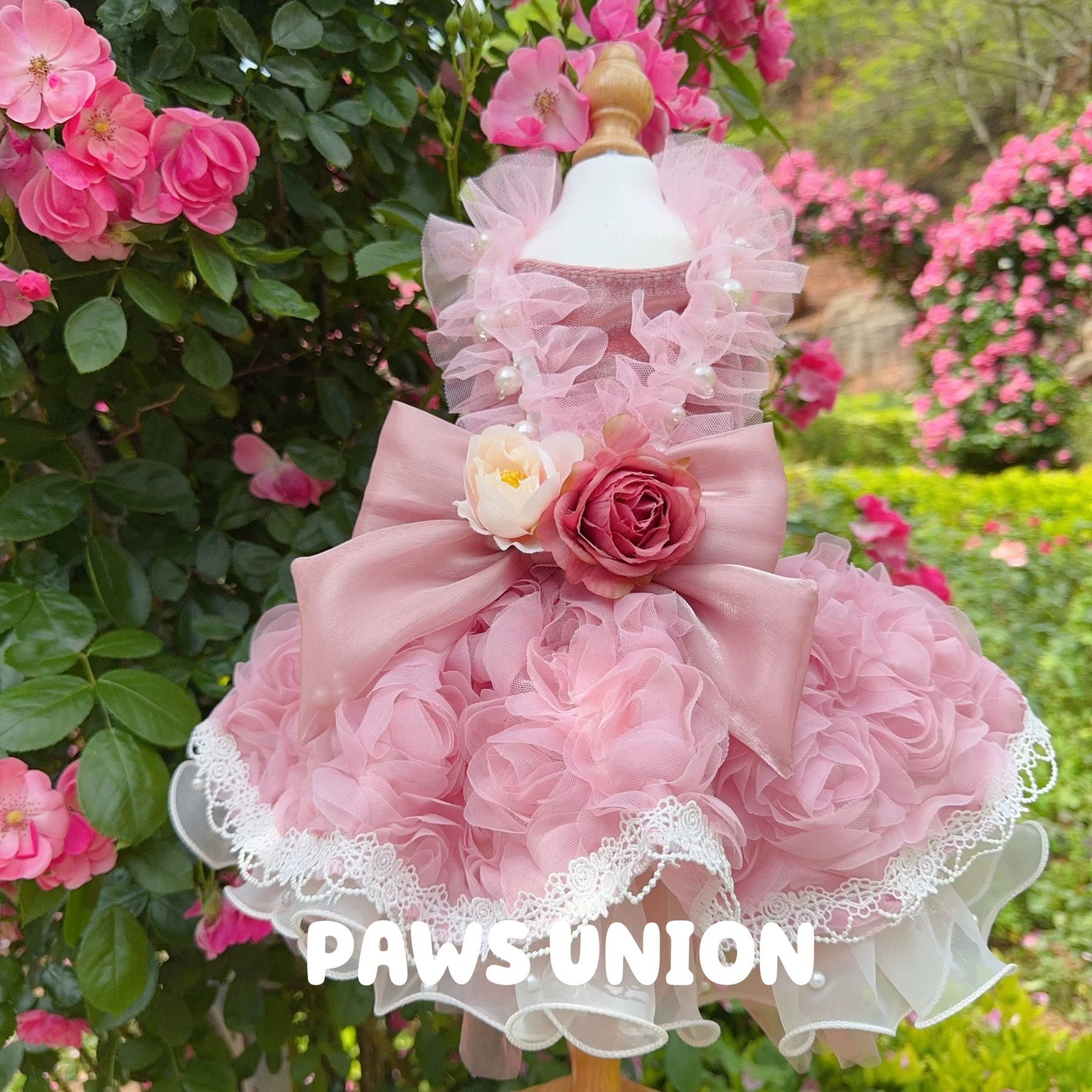 Coco Rosette Dog Wedding Dress, Pink Feather Tulle Dog Gown, Luxury Princess Dress for Small Dogs, Pet Bride Outfit, Dog Birthday Photoshoot Gown — product photograph 5 of 7.