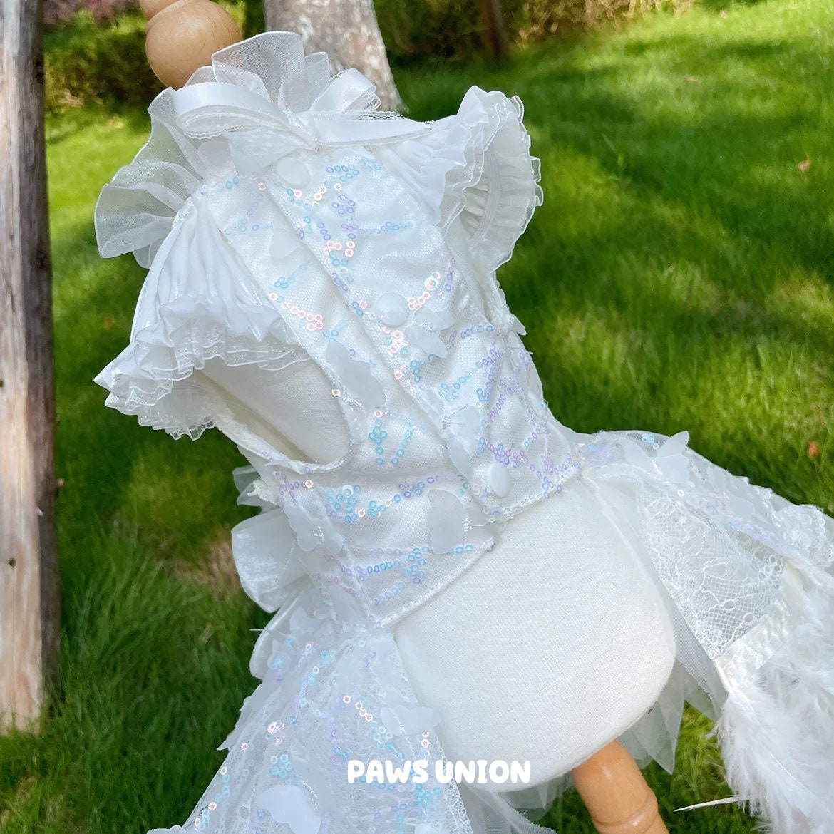 Coco Rosette White Dog Wedding Dress, Feather Tulle Dog Gown for Dogs and Cats, Luxury Bride Pet Outfit, Princess Gown for Wedding Photos — product photograph 5 of 6.