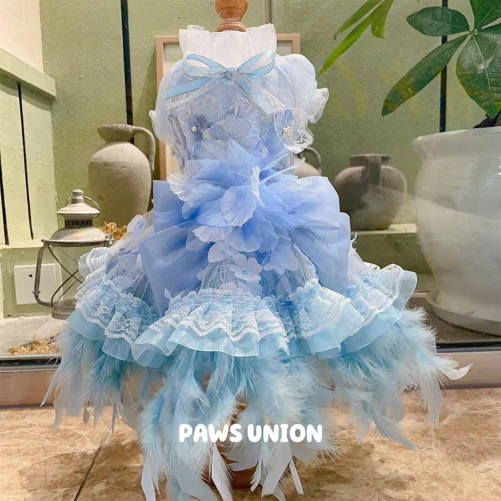 Coco Rosette Blue Dog Wedding Dress, Feather Tulle Dog Gown, Something Blue Pet Outfit, Princess Dress for Dogs, Dog Birthday Party Gown — product photograph 8 of 8.