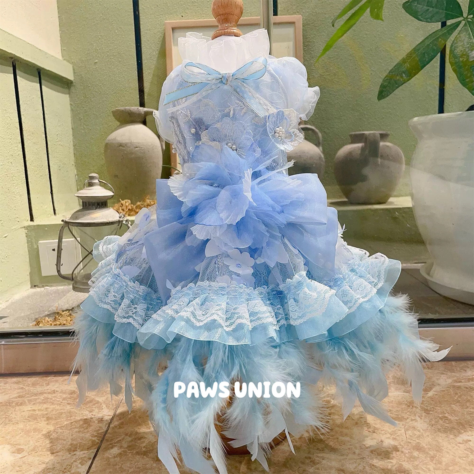 Coco Rosette Blue Dog Wedding Dress, Feather Tulle Dog Gown, Something Blue Pet Outfit, Princess Dress for Dogs, Dog Birthday Party Gown — product photograph 5 of 8.