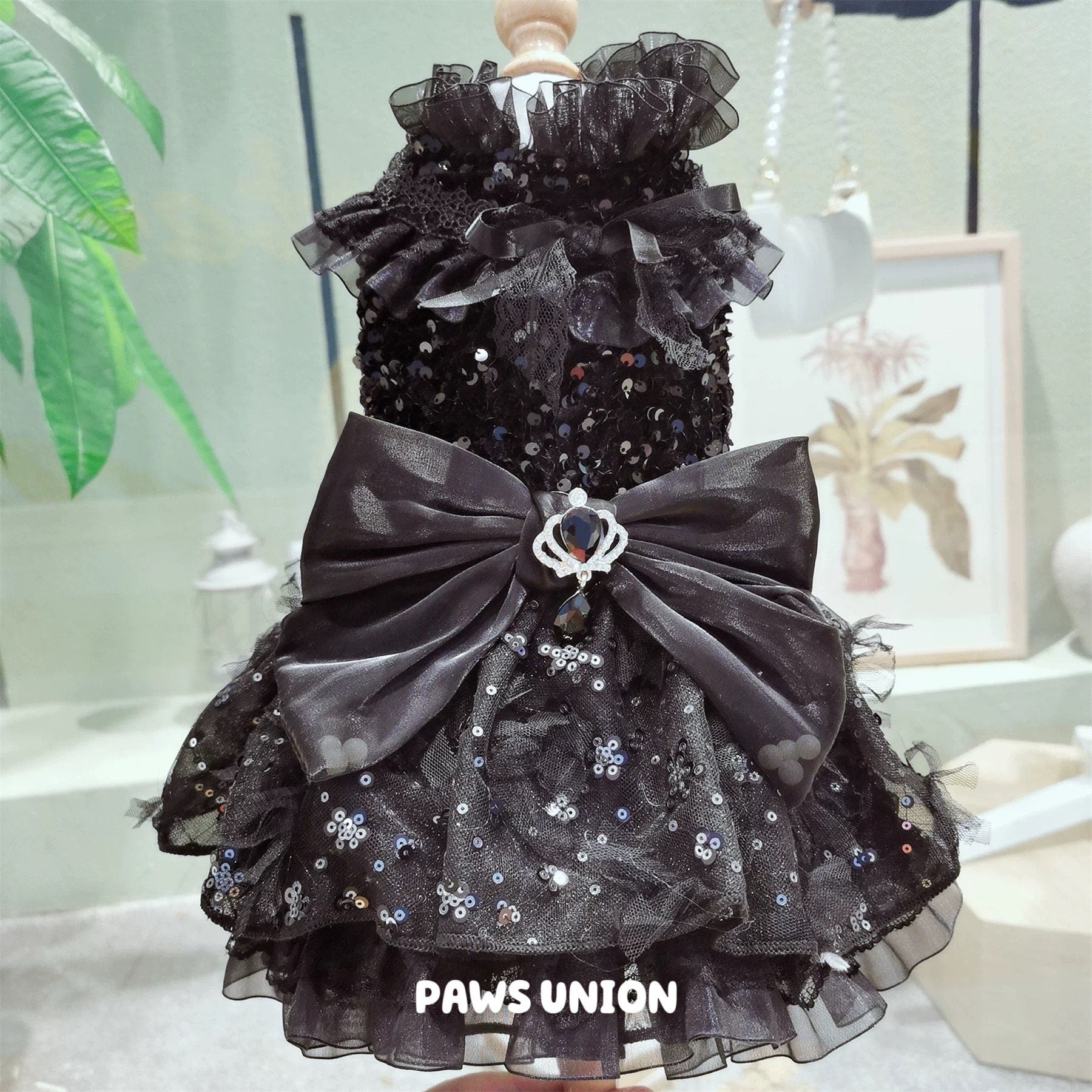 Coco Rosette Black Dog Wedding Dress, Gothic Tulle Dog Gown with Long Train, 3D Flower Princess Dress, Elegant Evening Pet Gown for Dogs Cats — product photograph 2 of 6.