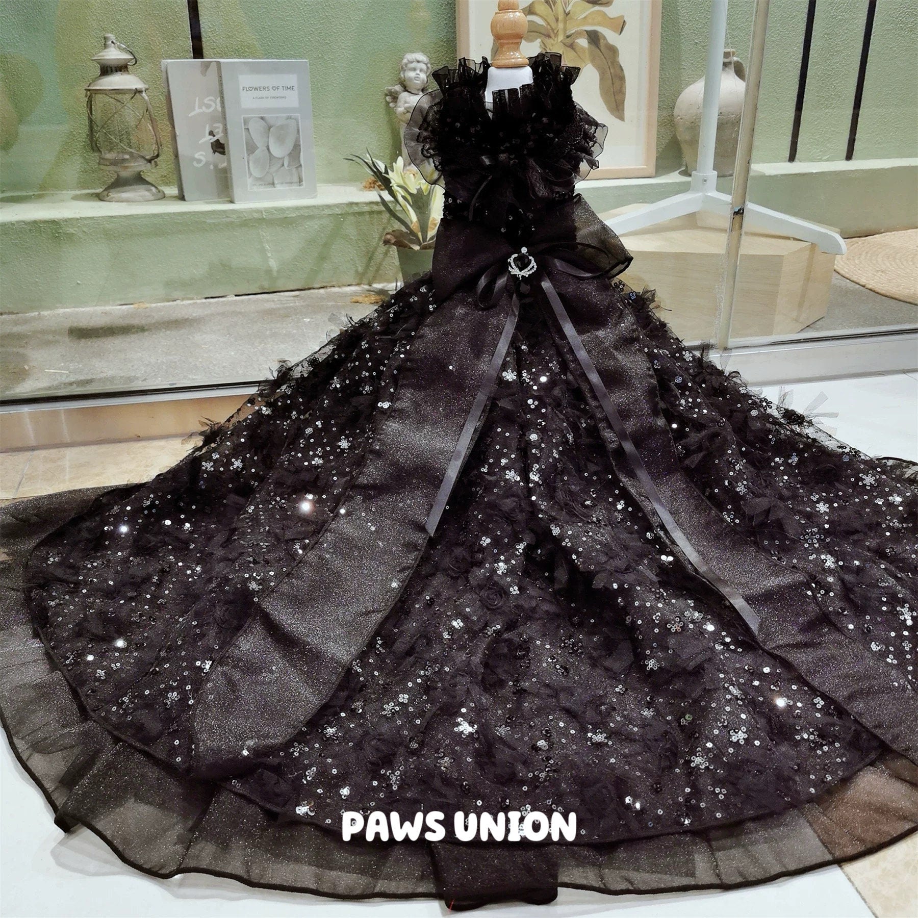 Coco Rosette Black Dog Wedding Dress, Gothic Tulle Dog Gown with Long Train, 3D Flower Princess Dress, Elegant Evening Pet Gown for Dogs Cats — product photograph 4 of 6.