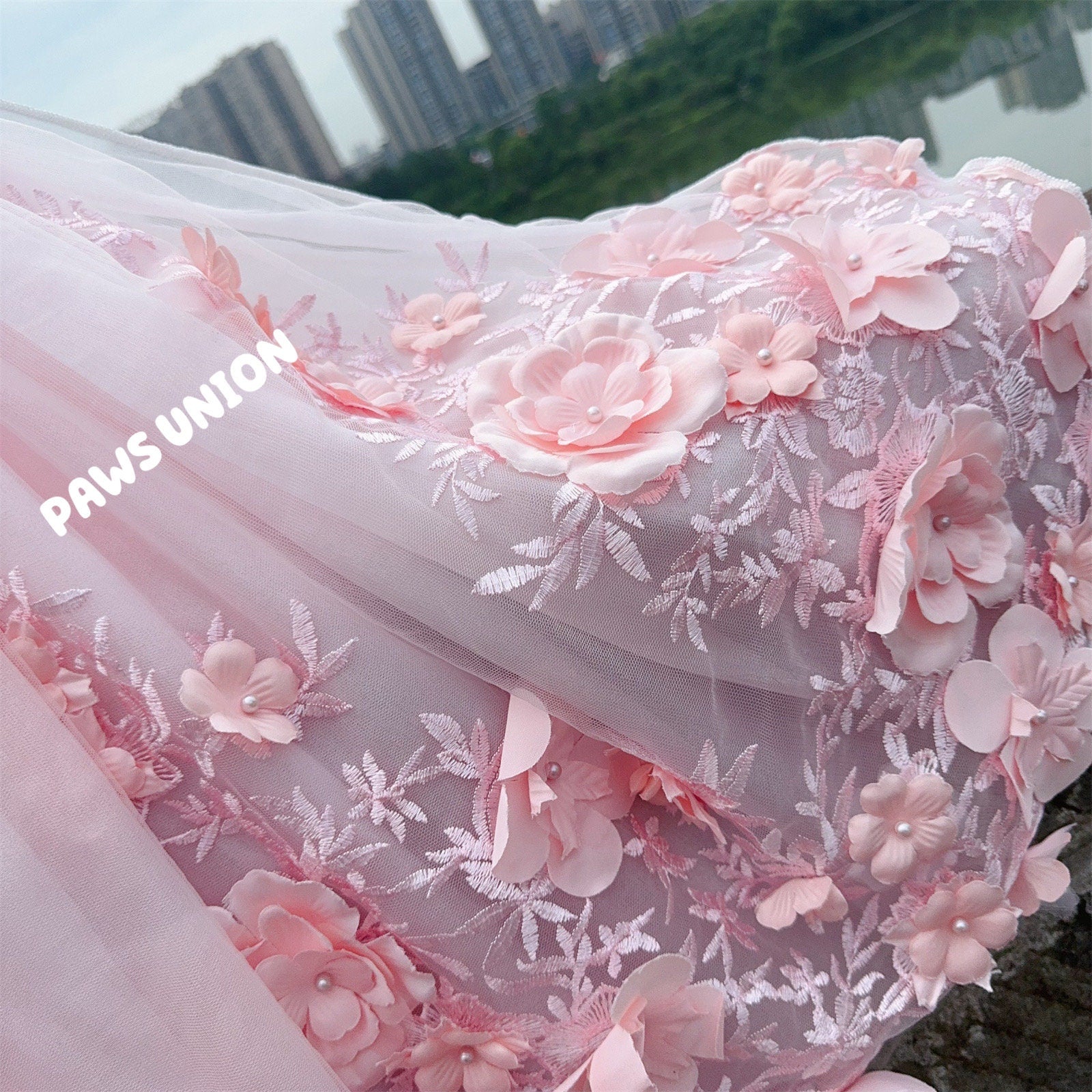 Coco Rosette Pink Dog Wedding Dress, 3D Flower Tulle Dog Gown with Train, Luxury Princess Dress for Small Dogs, Dog Quinceanera Birthday Gown — product photograph 8 of 9.