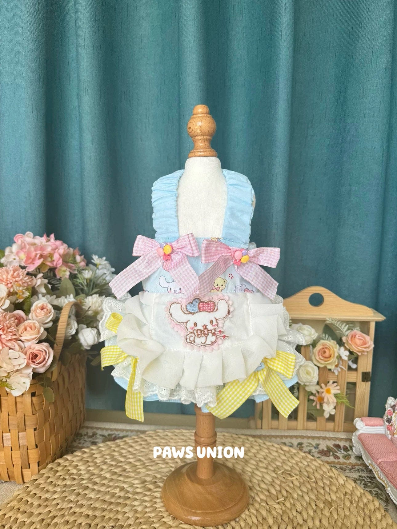Coco Rosette Pastel Blue Dog Summer Dress, Cute Bow Pet Dress for Birthdays and Parties, Kawaii Outfit for Small and Large Dogs, Custom Size — product photograph 1 of 6.