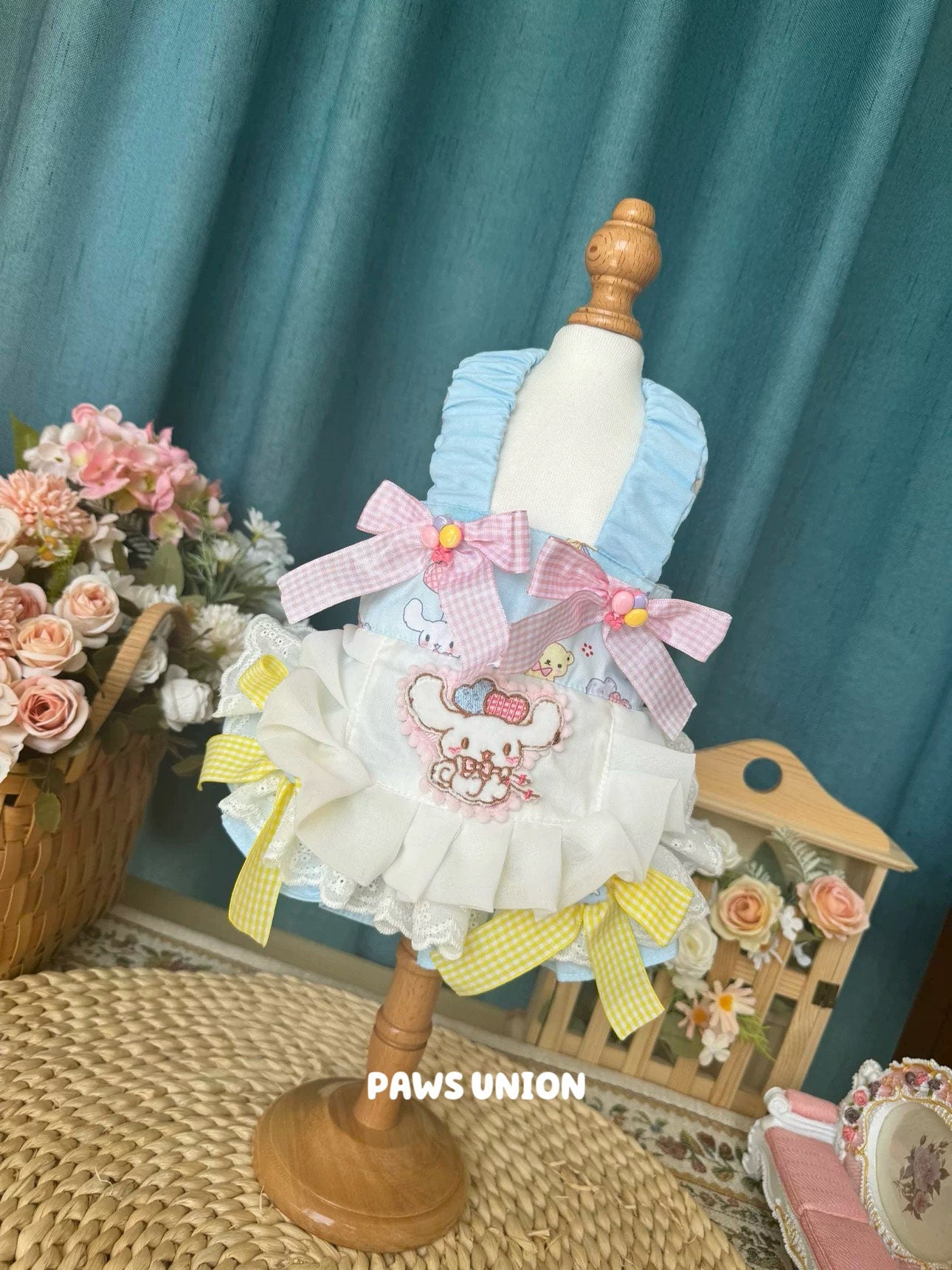 Coco Rosette Pastel Blue Dog Summer Dress, Cute Bow Pet Dress for Birthdays and Parties, Kawaii Outfit for Small and Large Dogs, Custom Size — product photograph 4 of 6.