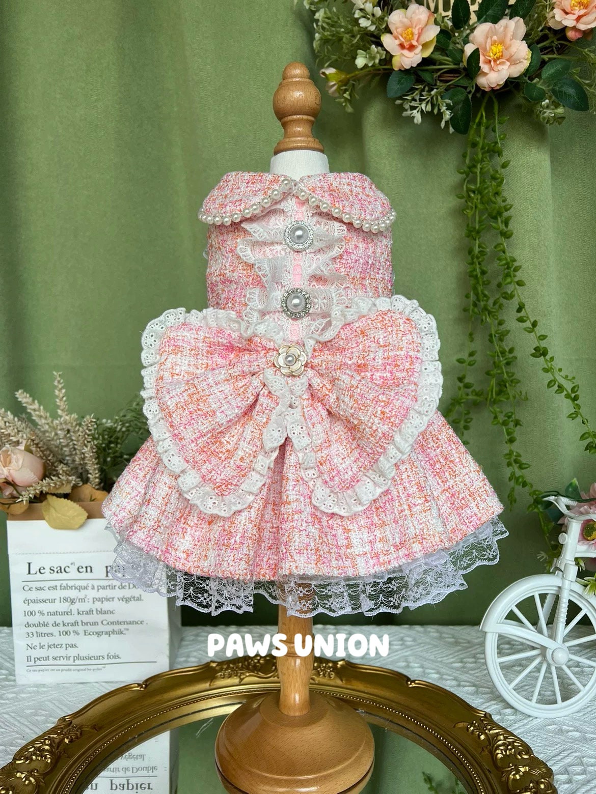 Coco Rosette Tweed Dog Dress, Vintage Style Boucle Pet Dress with Pearl Trim, Elegant Birthday Outfit for Dogs, Classic Dog Dress, Custom Size — product photograph 1 of 5.