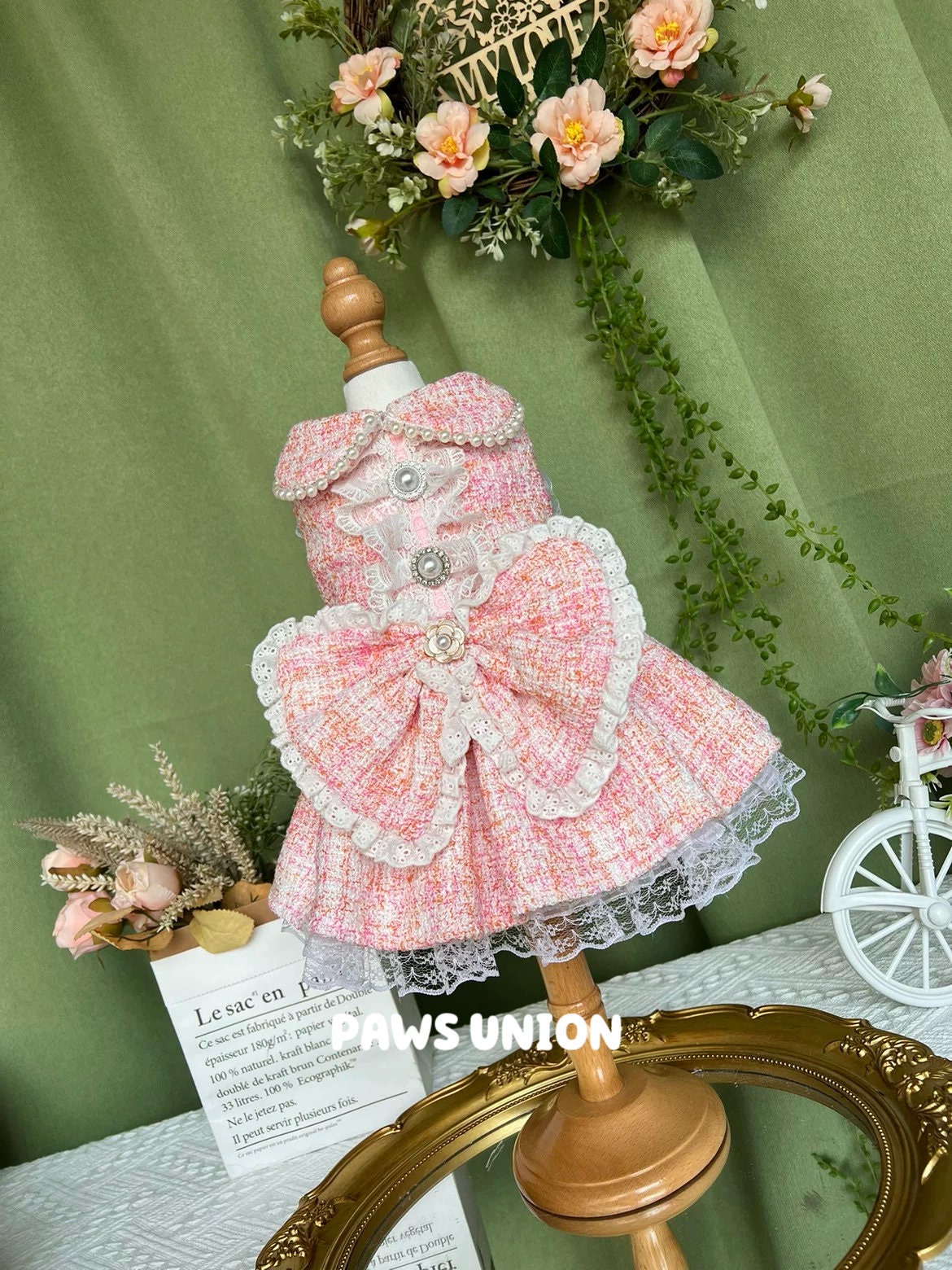Coco Rosette Tweed Dog Dress, Vintage Style Boucle Pet Dress with Pearl Trim, Elegant Birthday Outfit for Dogs, Classic Dog Dress, Custom Size — product photograph 3 of 5.