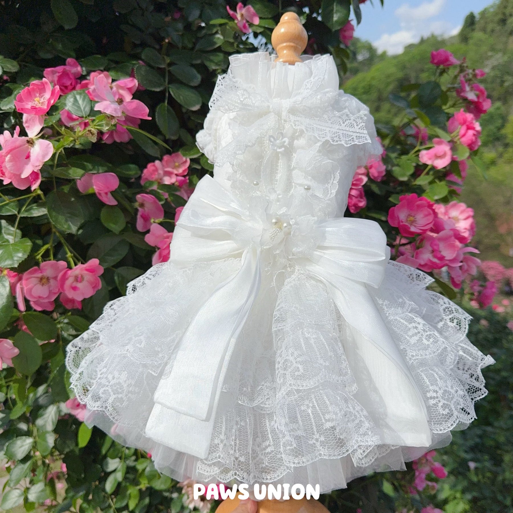Coco Rosette Dog Wedding Dress with Train, White Tulle Dog Gown, 3D Flower Princess Dress for Dogs, Pet Bride Outfit, Dog Flower Girl Dress — product photograph 4 of 7.
