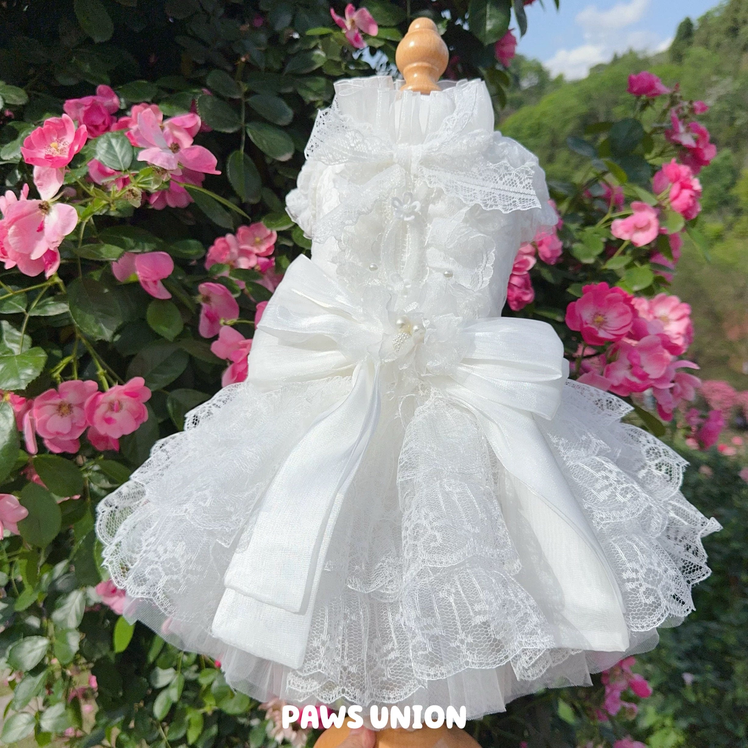 Coco Rosette Dog Wedding Dress with Train, White Tulle Dog Gown, 3D Flower Princess Dress for Dogs, Pet Bride Outfit, Dog Flower Girl Dress — product photograph 4 of 7.