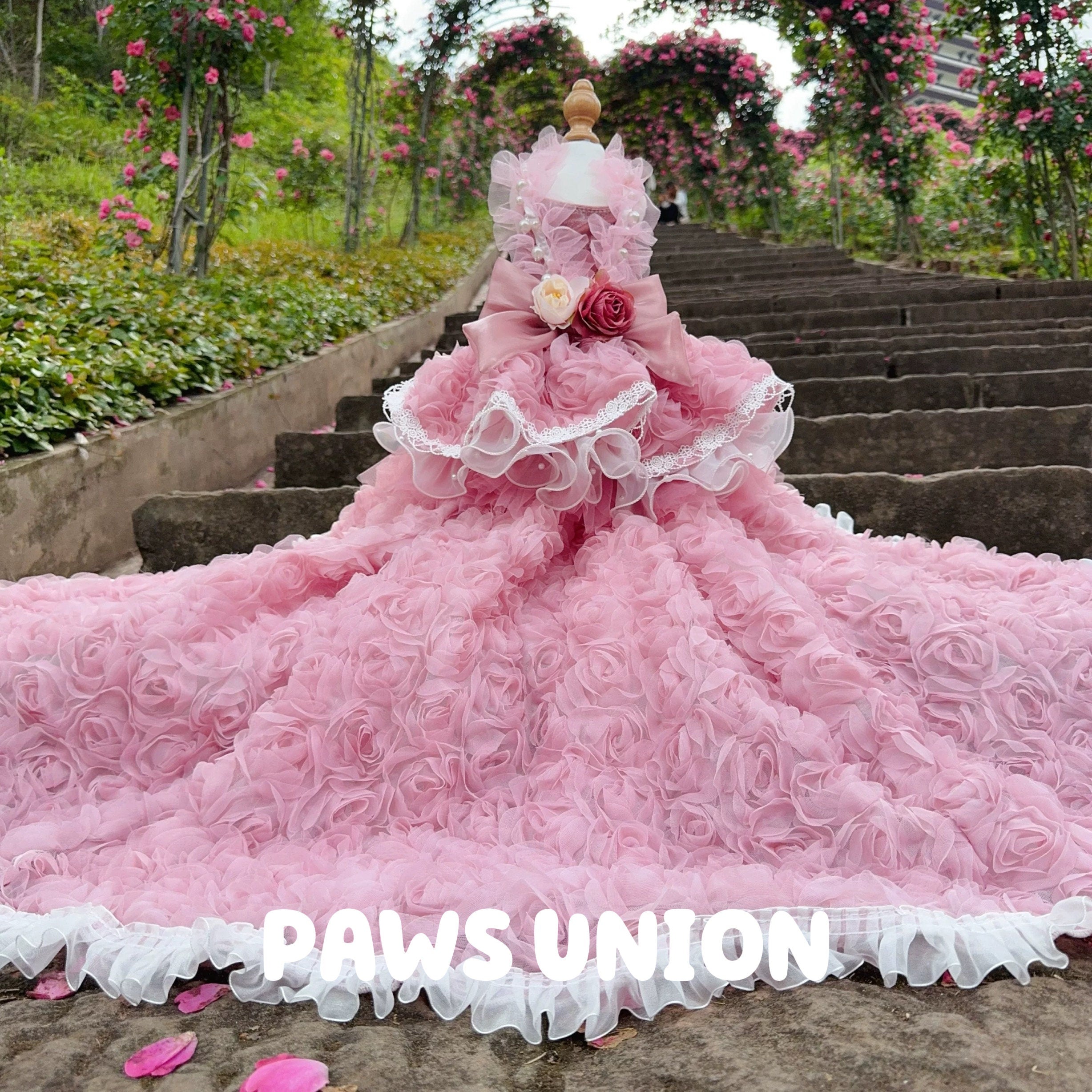Coco Rosette Dog Wedding Dress, Pink Feather Tulle Dog Gown, Luxury Princess Dress for Small Dogs, Pet Bride Outfit, Dog Birthday Photoshoot Gown — product photograph 4 of 7.