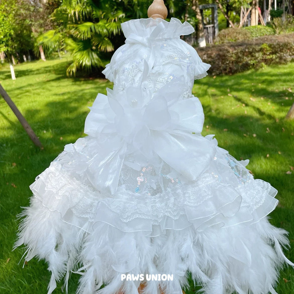 Coco Rosette White Dog Wedding Dress, Feather Tulle Dog Gown for Dogs and Cats, Luxury Bride Pet Outfit, Princess Gown for Wedding Photos — product photograph 3 of 6.