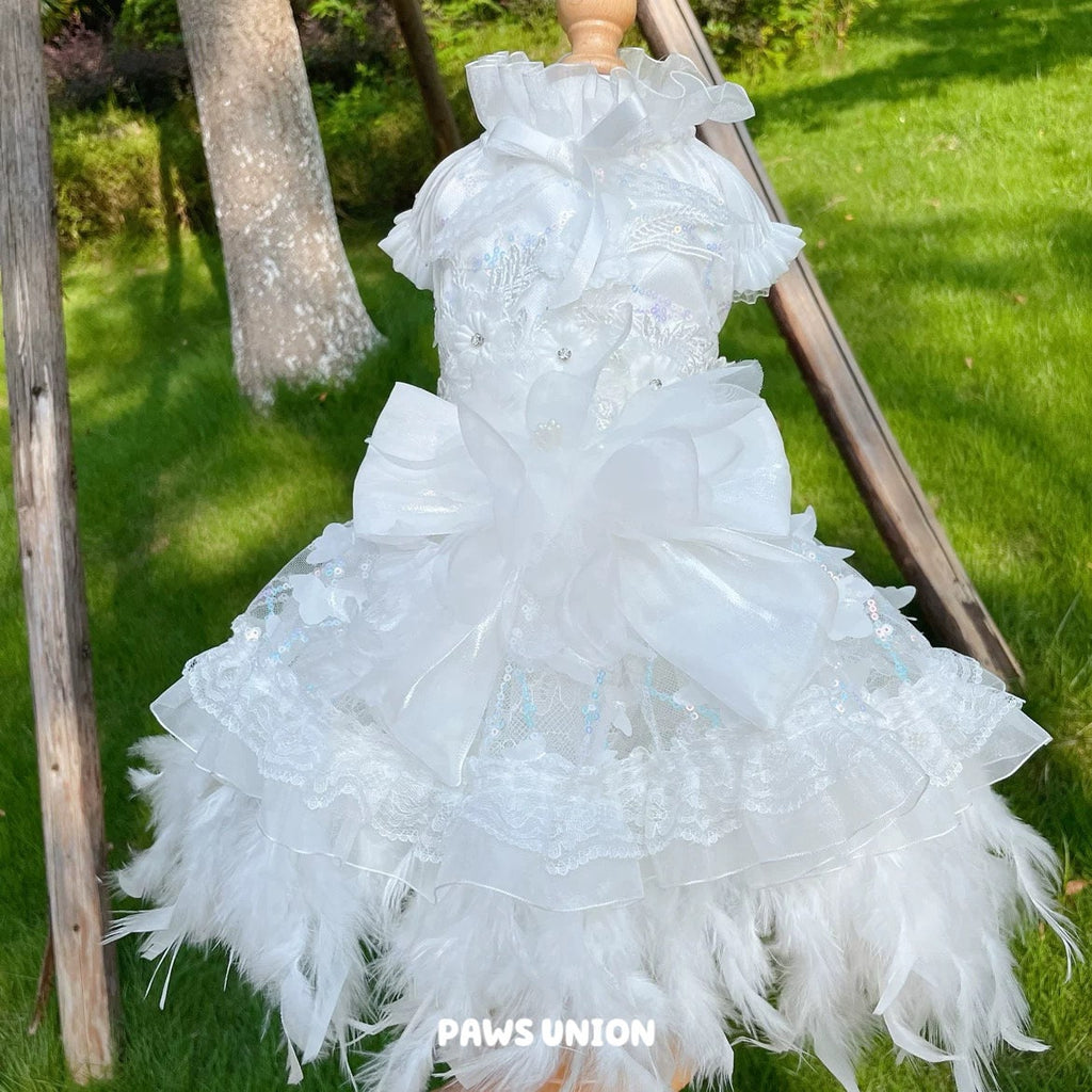 Coco Rosette White Dog Wedding Dress, Feather Tulle Dog Gown for Dogs and Cats, Luxury Bride Pet Outfit, Princess Gown for Wedding Photos — product photograph 2 of 6.