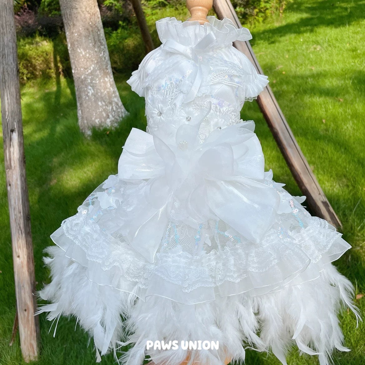Coco Rosette White Dog Wedding Dress, Feather Tulle Dog Gown for Dogs and Cats, Luxury Bride Pet Outfit, Princess Gown for Wedding Photos — product photograph 2 of 6.