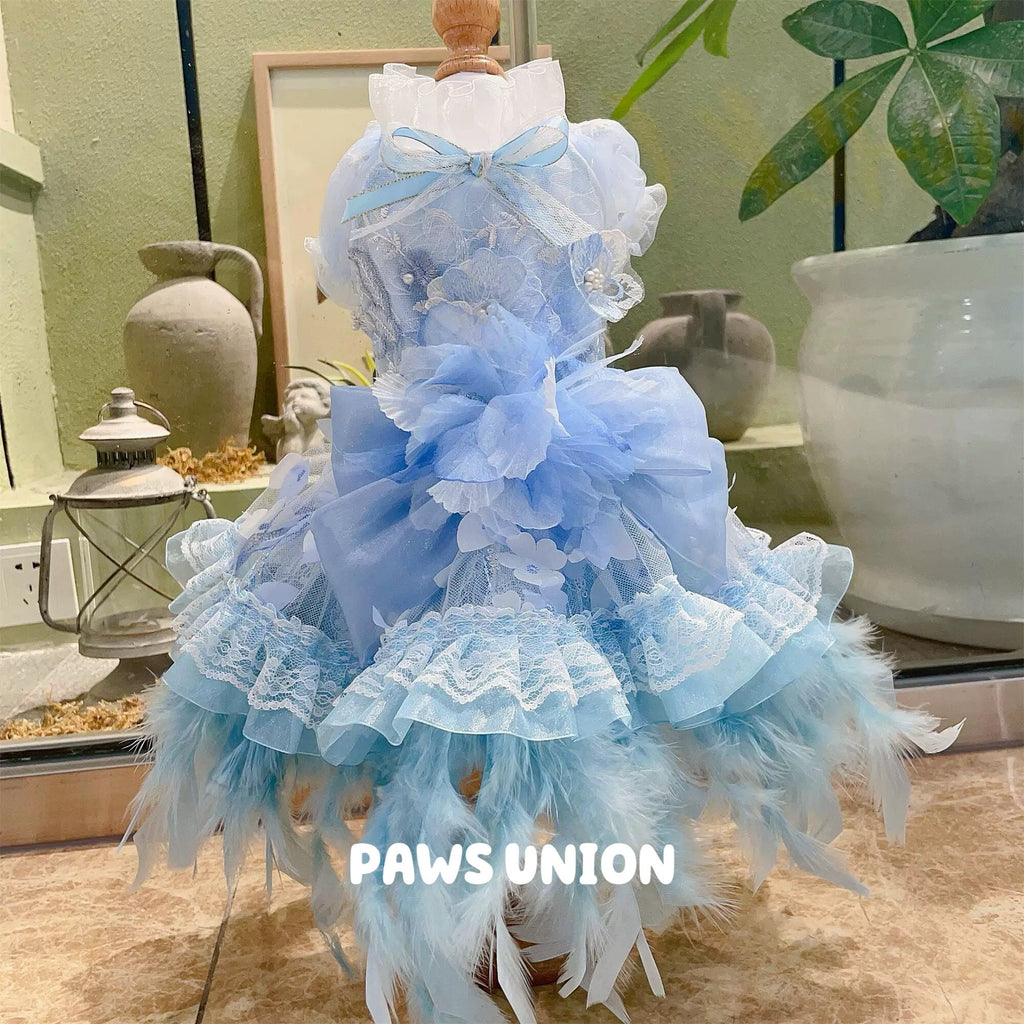 Coco Rosette Blue Dog Wedding Dress, Feather Tulle Dog Gown, Something Blue Pet Outfit, Princess Dress for Dogs, Dog Birthday Party Gown — product photograph 6 of 8.