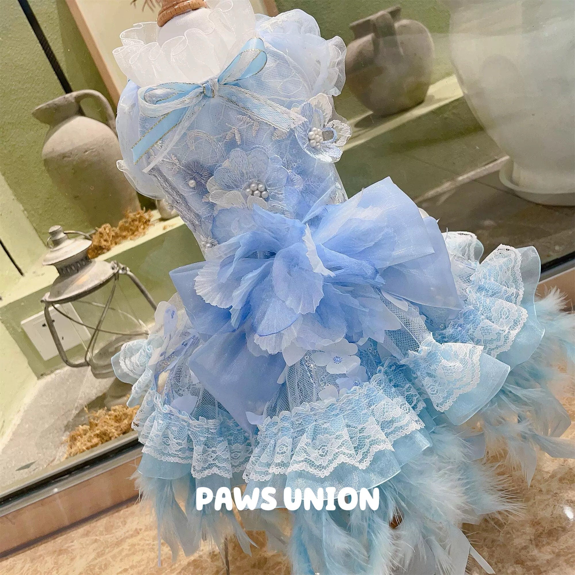 Coco Rosette Blue Dog Wedding Dress, Feather Tulle Dog Gown, Something Blue Pet Outfit, Princess Dress for Dogs, Dog Birthday Party Gown — product photograph 7 of 8.