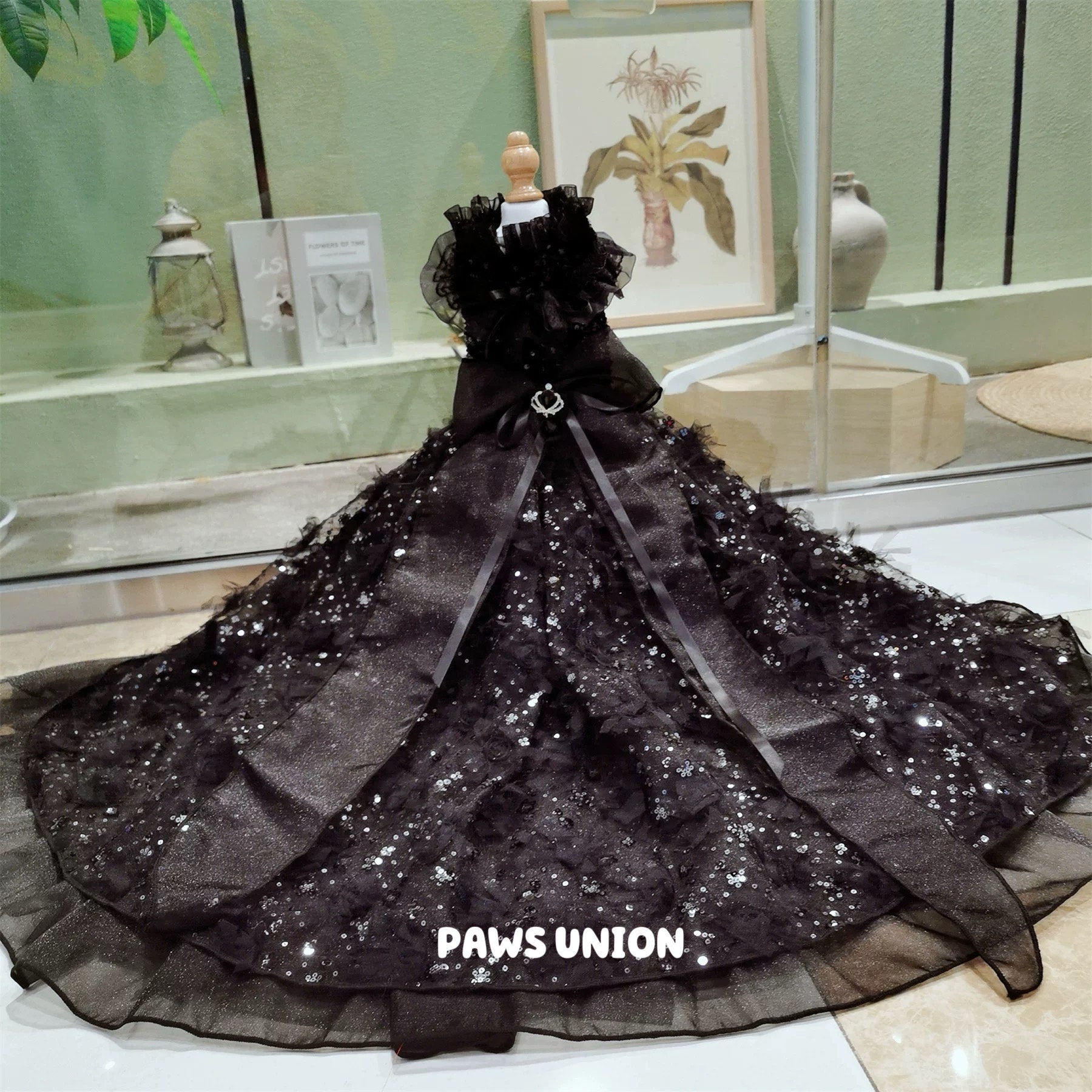 Coco Rosette Black Dog Wedding Dress, Gothic Tulle Dog Gown with Long Train, 3D Flower Princess Dress, Elegant Evening Pet Gown for Dogs Cats — product photograph 5 of 6.