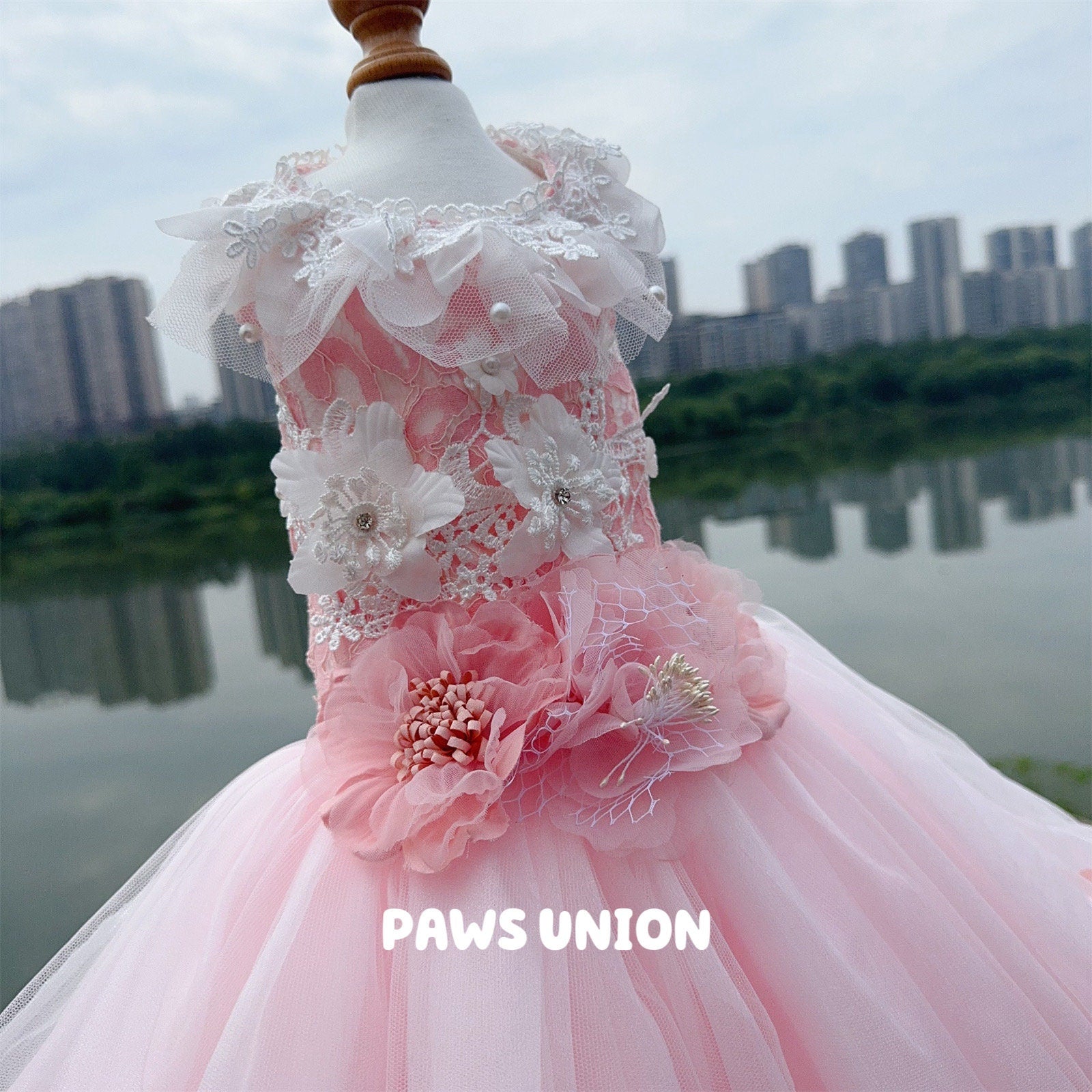 Coco Rosette Pink Dog Wedding Dress, 3D Flower Tulle Dog Gown with Train, Luxury Princess Dress for Small Dogs, Dog Quinceanera Birthday Gown — product photograph 9 of 9.