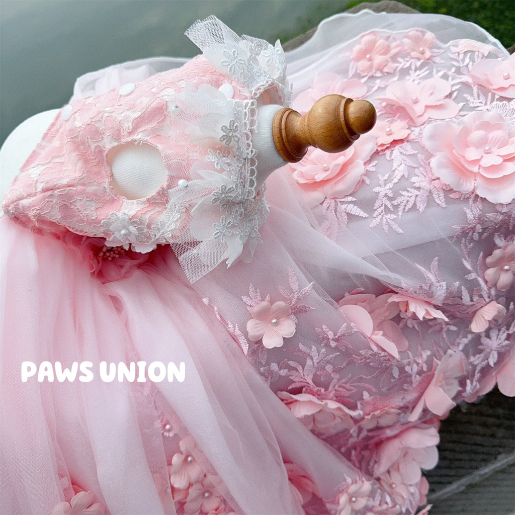 Coco Rosette Pink Dog Wedding Dress, 3D Flower Tulle Dog Gown with Train, Luxury Princess Dress for Small Dogs, Dog Quinceanera Birthday Gown — product photograph 6 of 9.