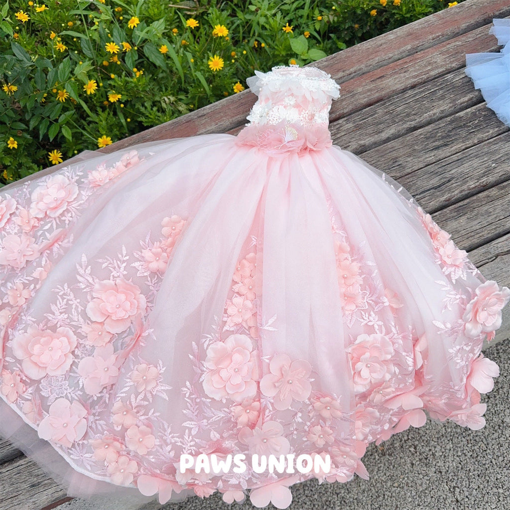 Coco Rosette Pink Dog Wedding Dress, 3D Flower Tulle Dog Gown with Train, Luxury Princess Dress for Small Dogs, Dog Quinceanera Birthday Gown — product photograph 7 of 9.