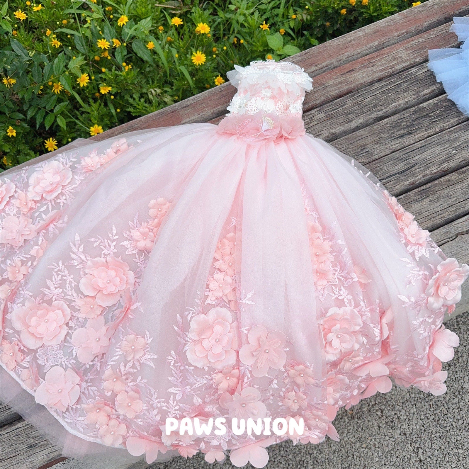 Coco Rosette Pink Dog Wedding Dress, 3D Flower Tulle Dog Gown with Train, Luxury Princess Dress for Small Dogs, Dog Quinceanera Birthday Gown — product photograph 7 of 9.