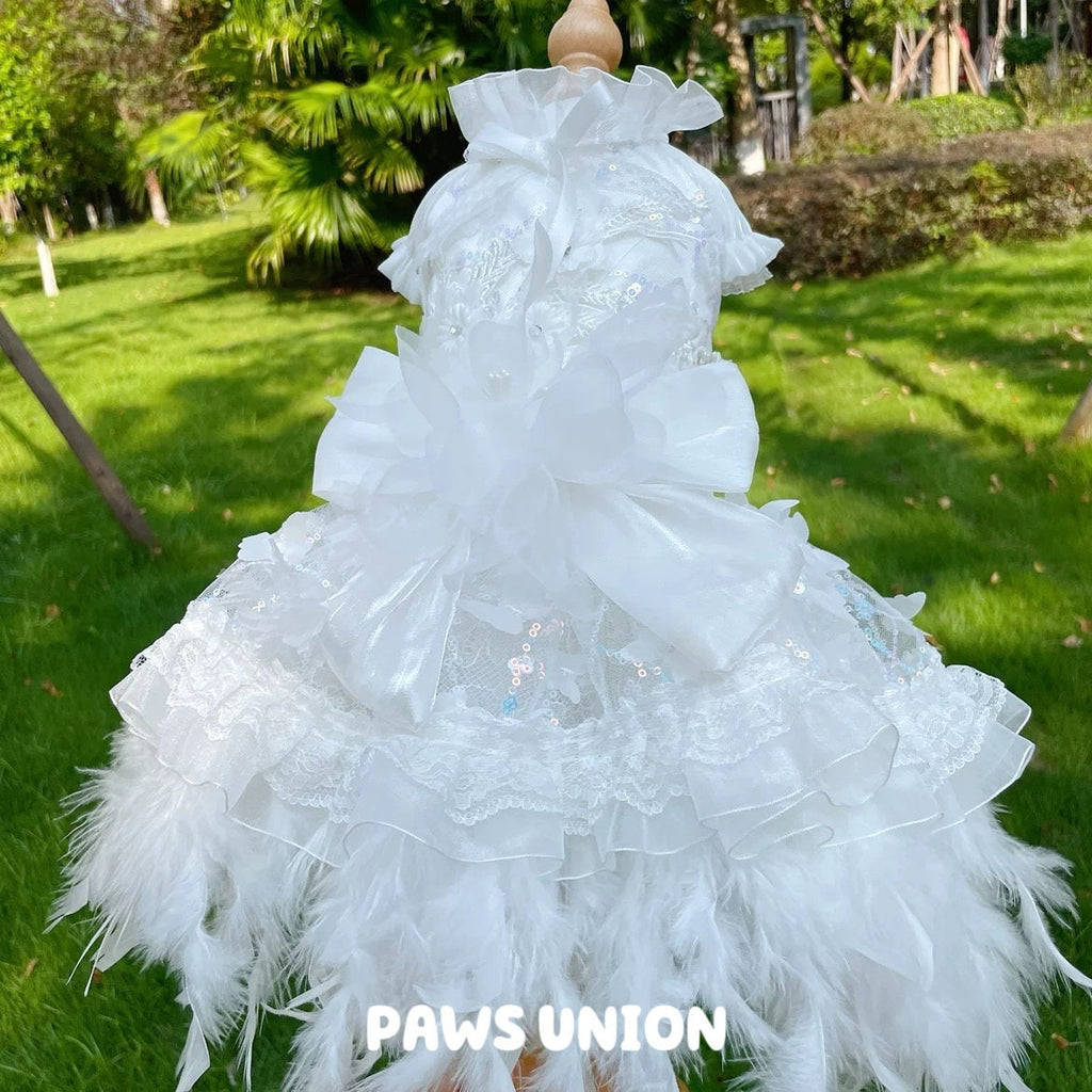 Coco Rosette White Dog Wedding Dress, Feather Tulle Dog Gown for Dogs and Cats, Luxury Bride Pet Outfit, Princess Gown for Wedding Photos — product photograph 1 of 6.