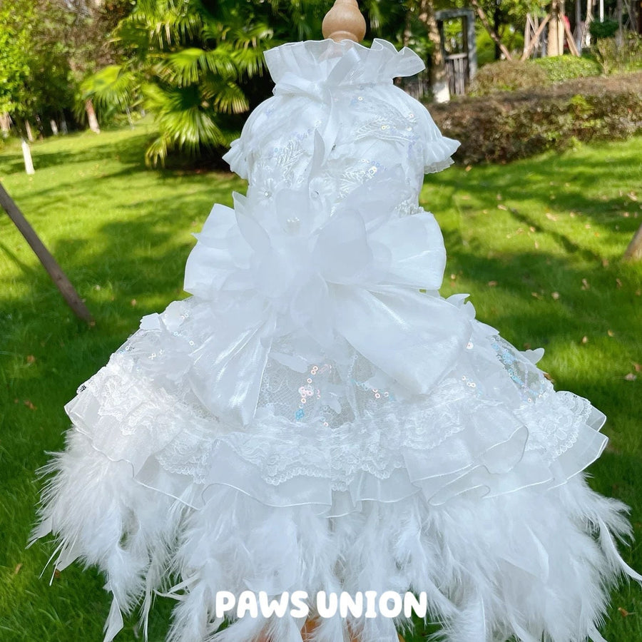 Coco Rosette White Dog Wedding Dress, Feather Tulle Dog Gown for Dogs and Cats, Luxury Bride Pet Outfit, Princess Gown for Wedding Photos — product photograph 1 of 6.