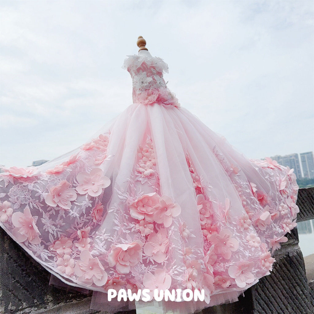 Coco Rosette Pink Dog Wedding Dress, 3D Flower Tulle Dog Gown with Train, Luxury Princess Dress for Small Dogs, Dog Quinceanera Birthday Gown — product photograph 5 of 9.