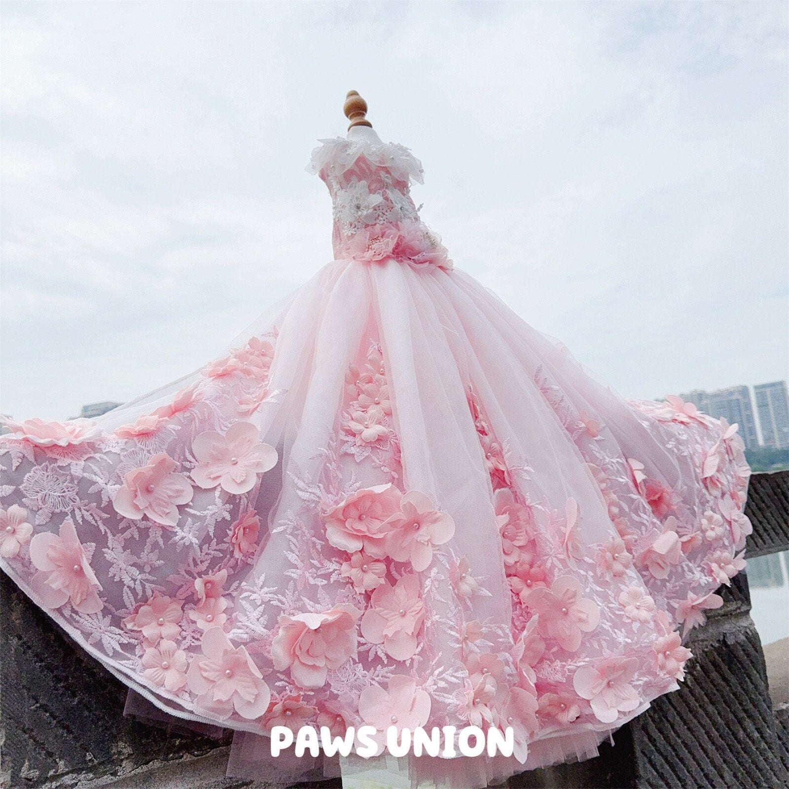 Coco Rosette Pink Dog Wedding Dress, 3D Flower Tulle Dog Gown with Train, Luxury Princess Dress for Small Dogs, Dog Quinceanera Birthday Gown — product photograph 5 of 9.