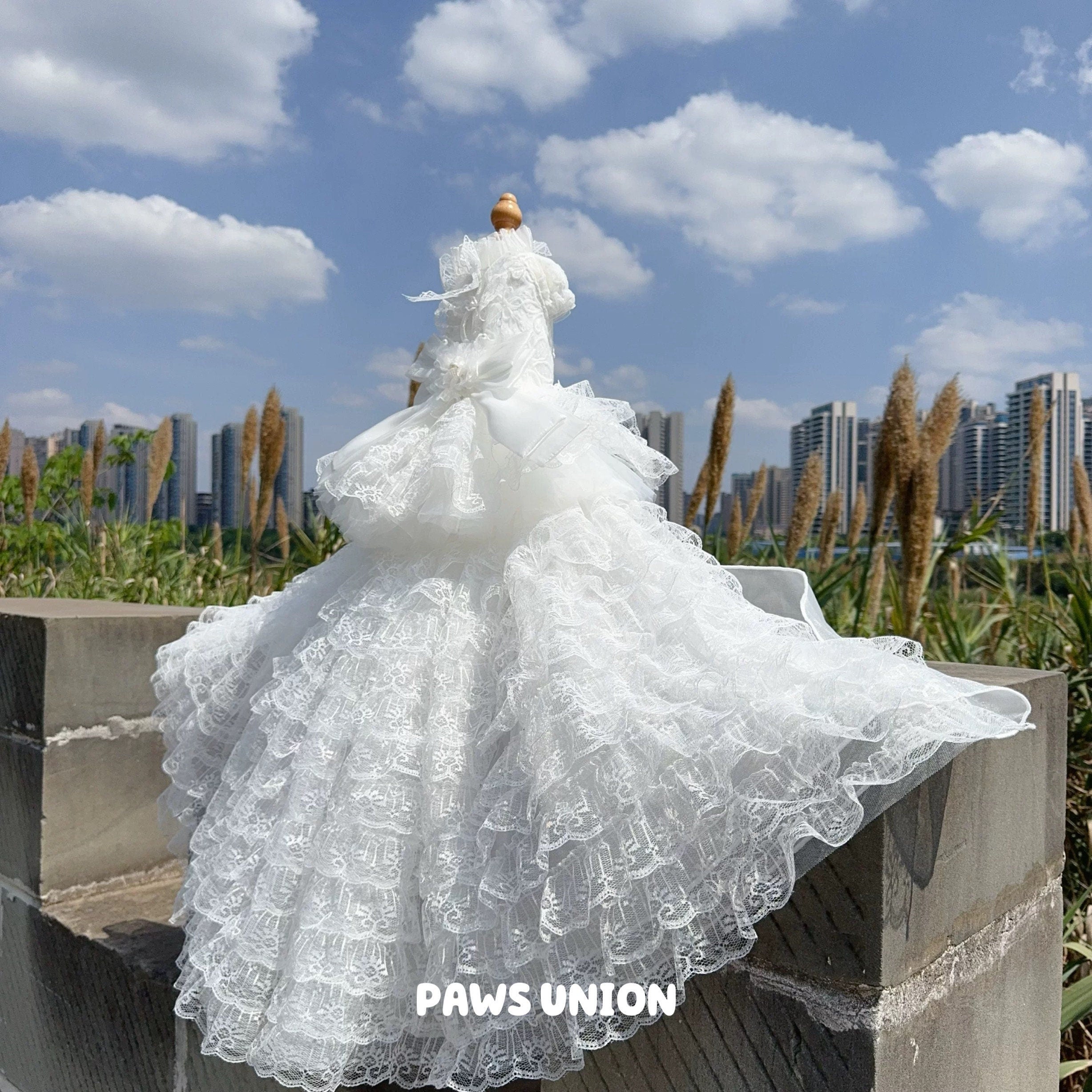 Coco Rosette Dog Wedding Dress with Train, White Tulle Dog Gown, 3D Flower Princess Dress for Dogs, Pet Bride Outfit, Dog Flower Girl Dress — product photograph 2 of 7.