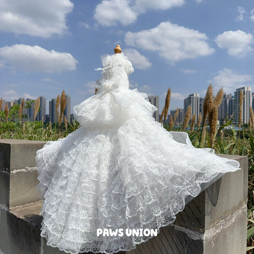 Coco Rosette Dog Wedding Dress with Train, White Tulle Dog Gown, 3D Flower Princess Dress for Dogs, Pet Bride Outfit, Dog Flower Girl Dress — product photograph 2 of 7.