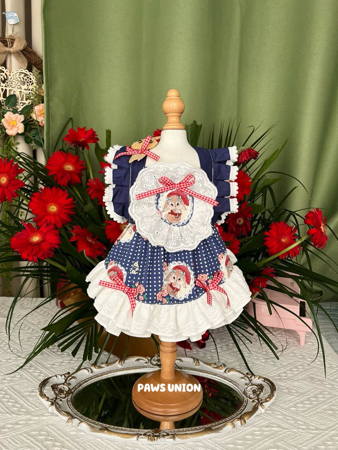 Coco Rosette Navy Gingham Dog Dress, Vintage Cottage Style Pet Dress with Lace Bib, Elegant Summer Birthday Outfit for Dogs, Custom Size — product photograph 2 of 8.