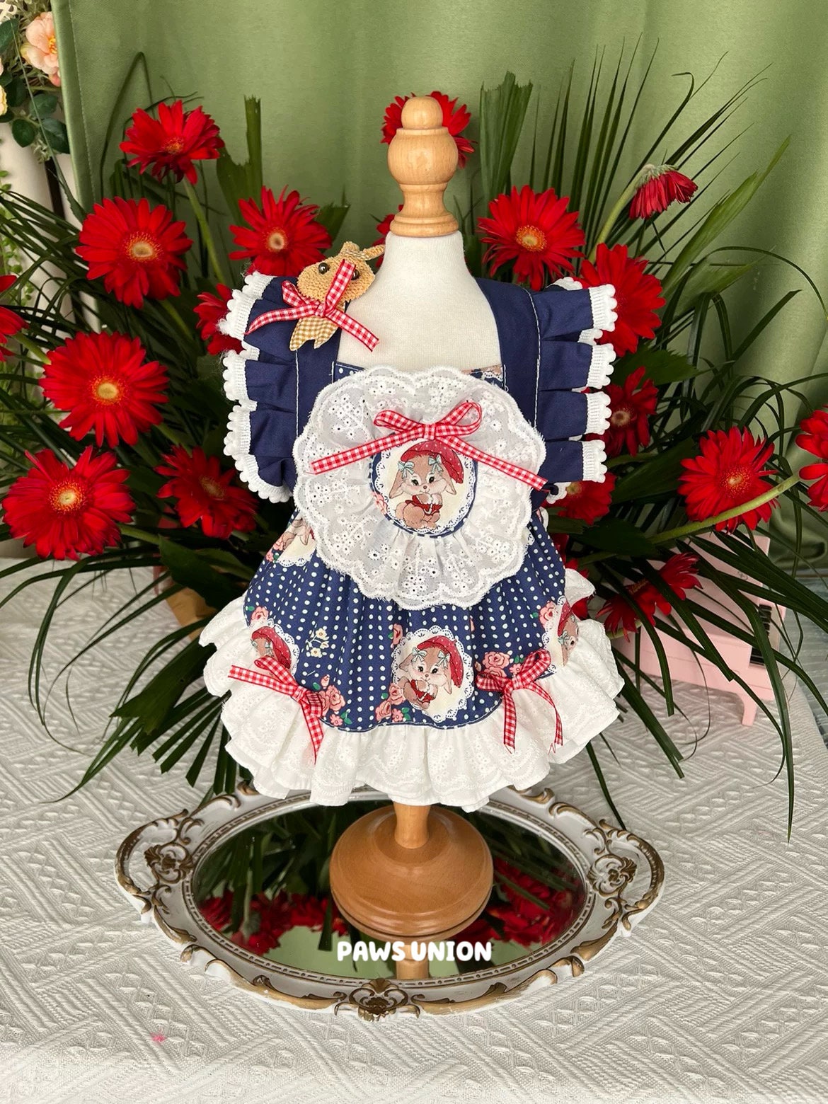 Coco Rosette Navy Gingham Dog Dress, Vintage Cottage Style Pet Dress with Lace Bib, Elegant Summer Birthday Outfit for Dogs, Custom Size — product photograph 1 of 8.