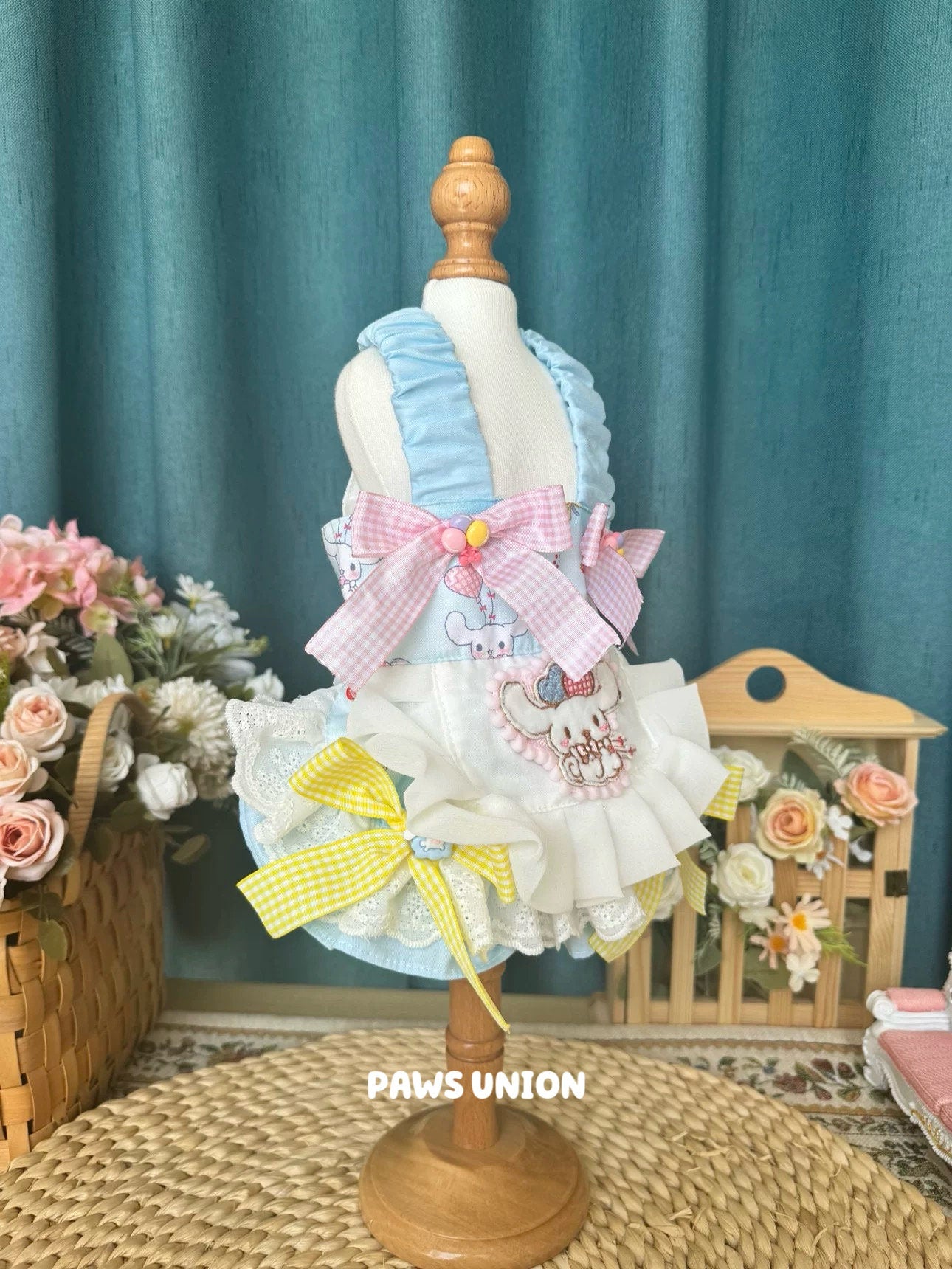 Coco Rosette Pastel Blue Dog Summer Dress, Cute Bow Pet Dress for Birthdays and Parties, Kawaii Outfit for Small and Large Dogs, Custom Size — product photograph 5 of 6.