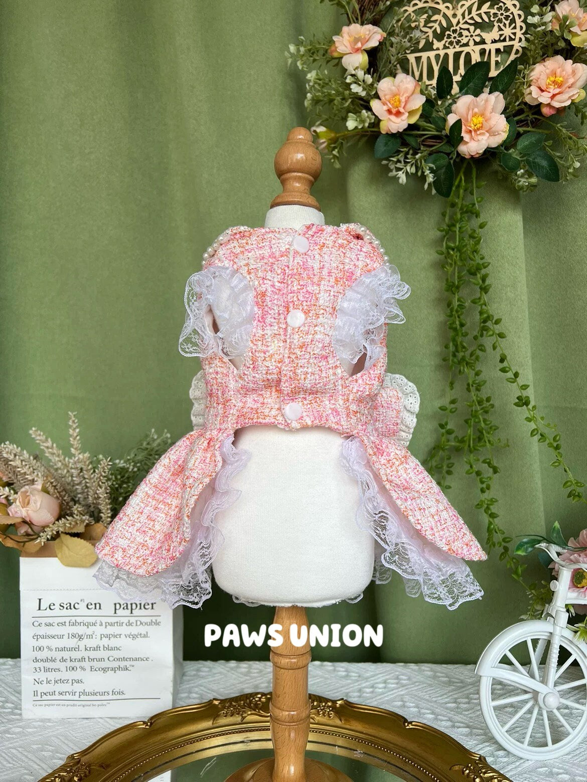 Coco Rosette Tweed Dog Dress, Vintage Style Boucle Pet Dress with Pearl Trim, Elegant Birthday Outfit for Dogs, Classic Dog Dress, Custom Size — product photograph 4 of 5.