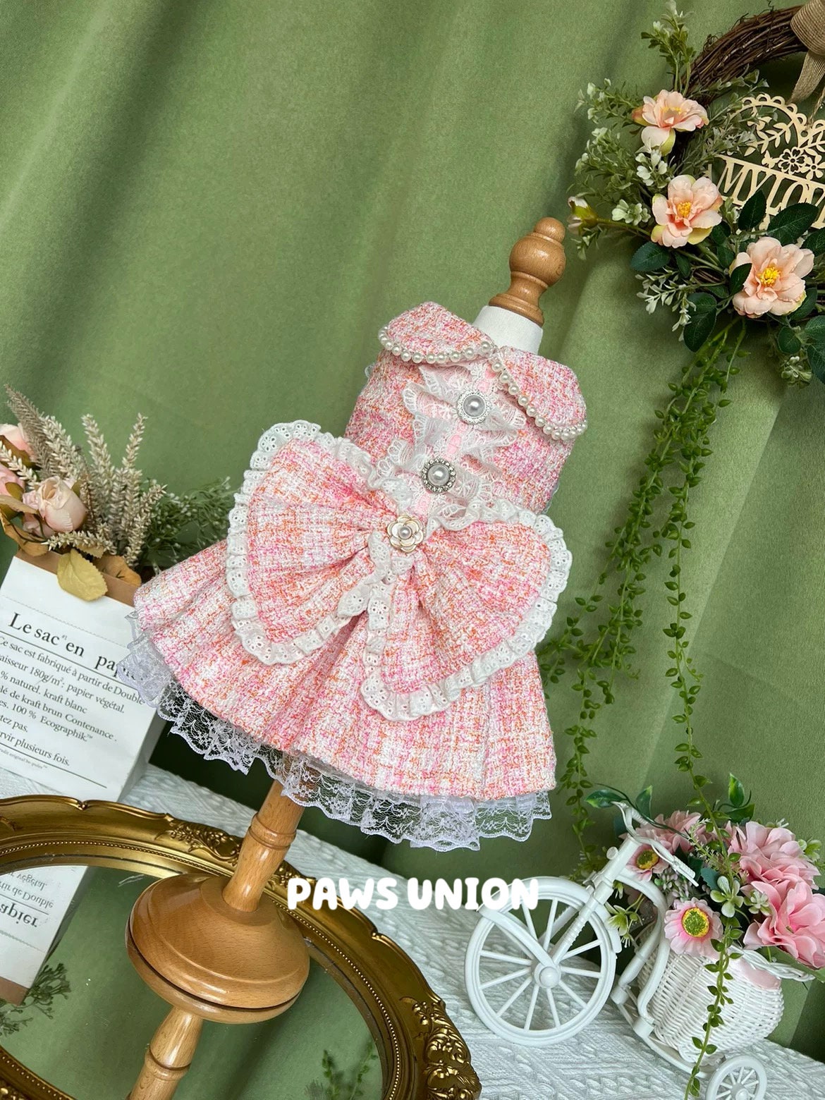 Coco Rosette Tweed Dog Dress, Vintage Style Boucle Pet Dress with Pearl Trim, Elegant Birthday Outfit for Dogs, Classic Dog Dress, Custom Size — product photograph 2 of 5.