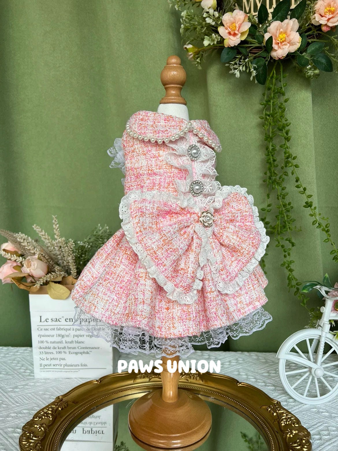 Coco Rosette Tweed Dog Dress, Vintage Style Boucle Pet Dress with Pearl Trim, Elegant Birthday Outfit for Dogs, Classic Dog Dress, Custom Size — product photograph 5 of 5.