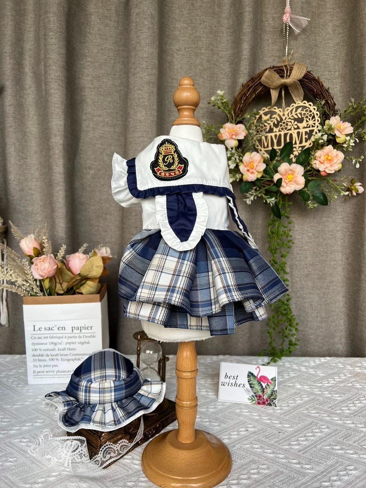 Coco Rosette Plaid Dog Dress, Preppy School Style Pet Outfit for Dogs, Cute Tartan Princess Dress, Dog Photo Prop, Custom Size Dog Clothes — product photograph 6 of 8.