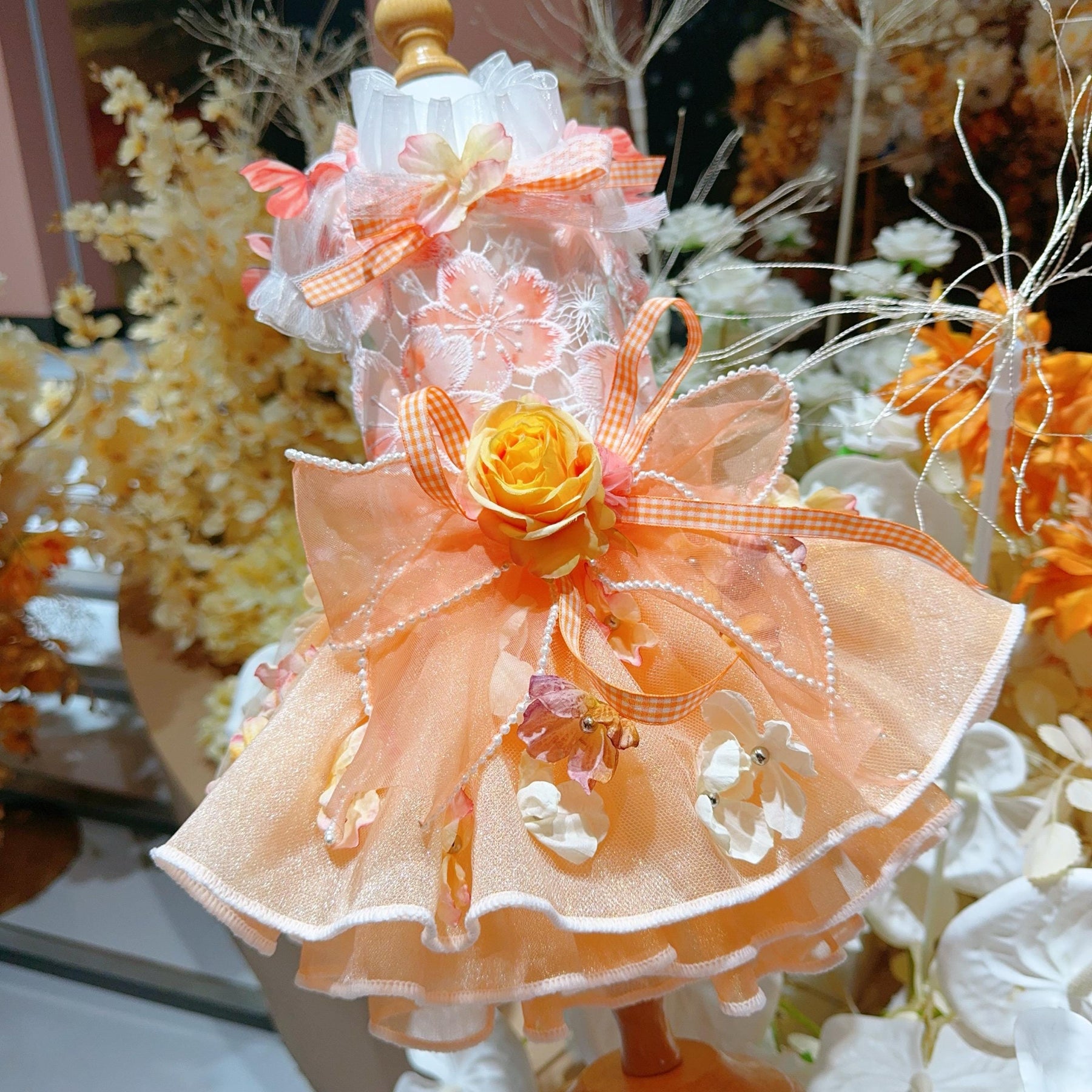 Coco Rosette Orange Floral Dog Dress, Autumn Wedding Guest Dog Outfit, Princess Birthday Dress for Dogs, Flower Pet Gown, Custom Size — product photograph 7 of 9.