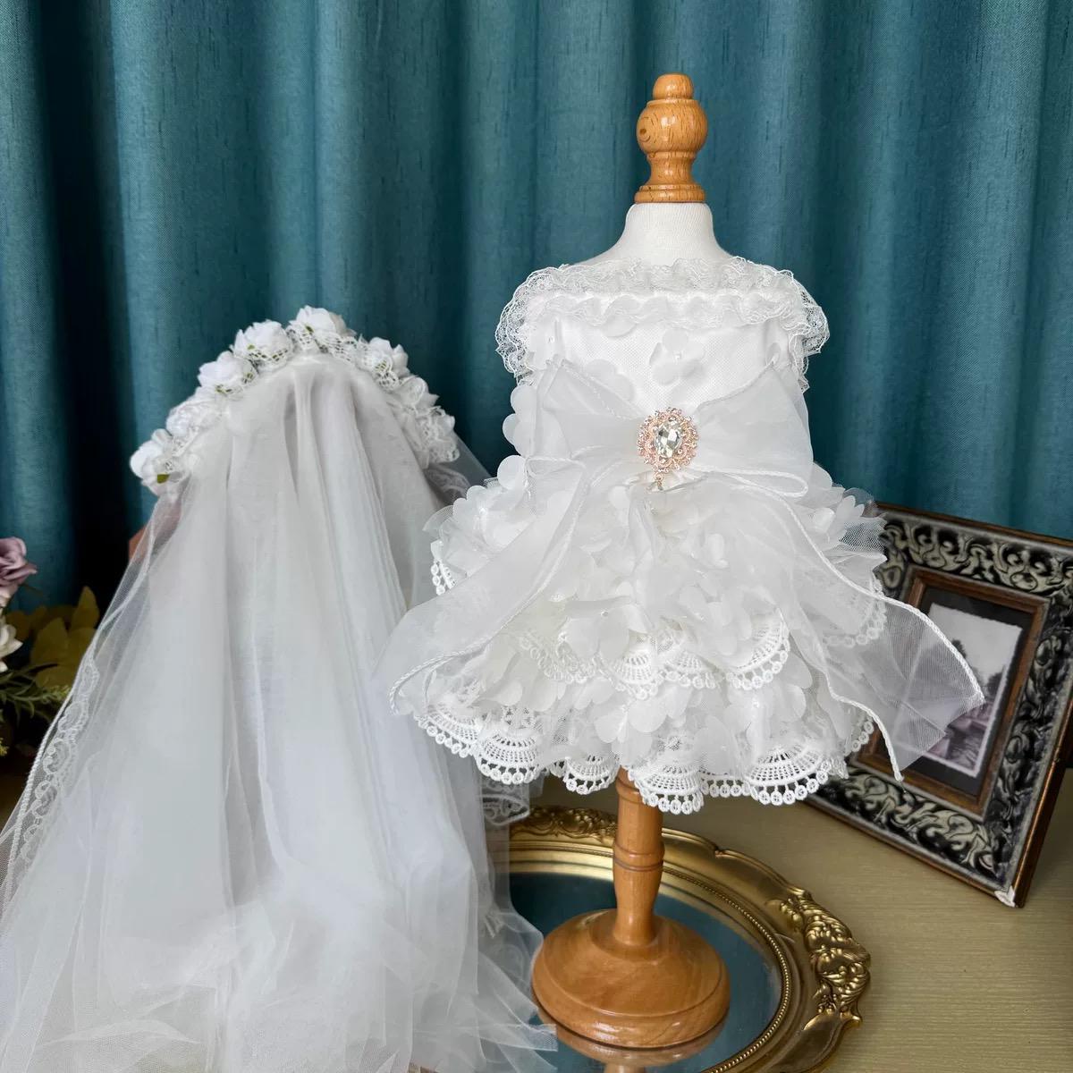 Coco Rosette Dog Wedding Dress with Veil, White Lace Dog Gown, Bride Dog Outfit for Wedding Photos, Princess Dress for Small Dogs XXS to XXL — product photograph 5 of 10.