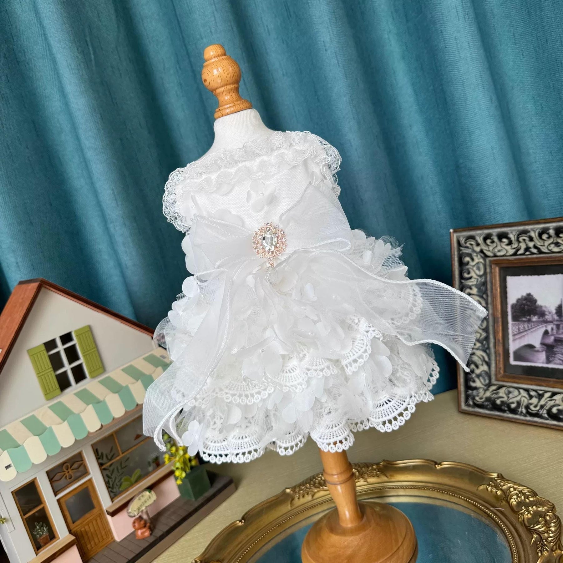 Coco Rosette Dog Wedding Dress with Veil, White Lace Dog Gown, Bride Dog Outfit for Wedding Photos, Princess Dress for Small Dogs XXS to XXL — product photograph 6 of 10.