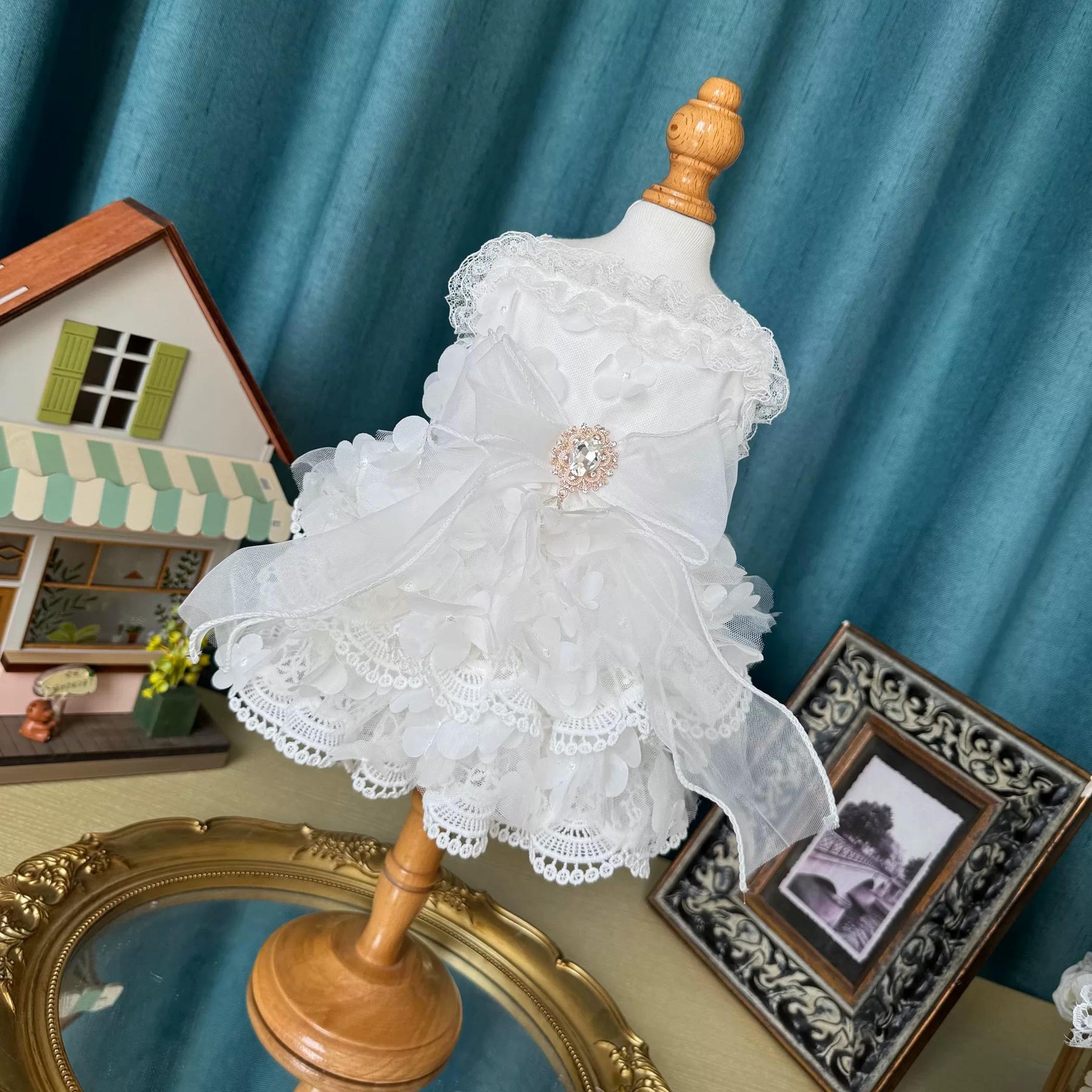 Coco Rosette Dog Wedding Dress with Veil, White Lace Dog Gown, Bride Dog Outfit for Wedding Photos, Princess Dress for Small Dogs XXS to XXL — product photograph 7 of 10.