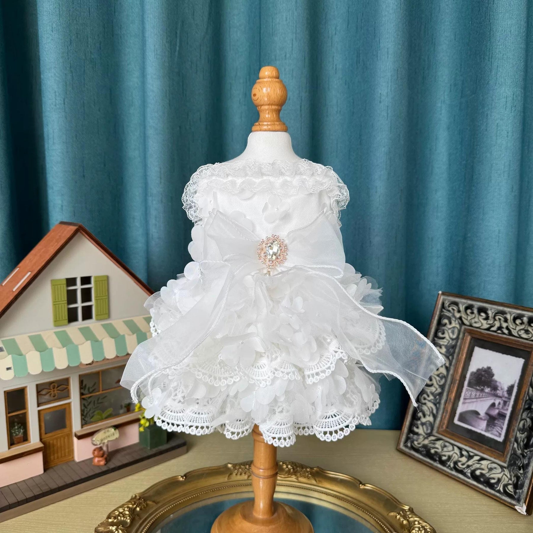 Coco Rosette Dog Wedding Dress with Veil, White Lace Dog Gown, Bride Dog Outfit for Wedding Photos, Princess Dress for Small Dogs XXS to XXL — product photograph 9 of 10.