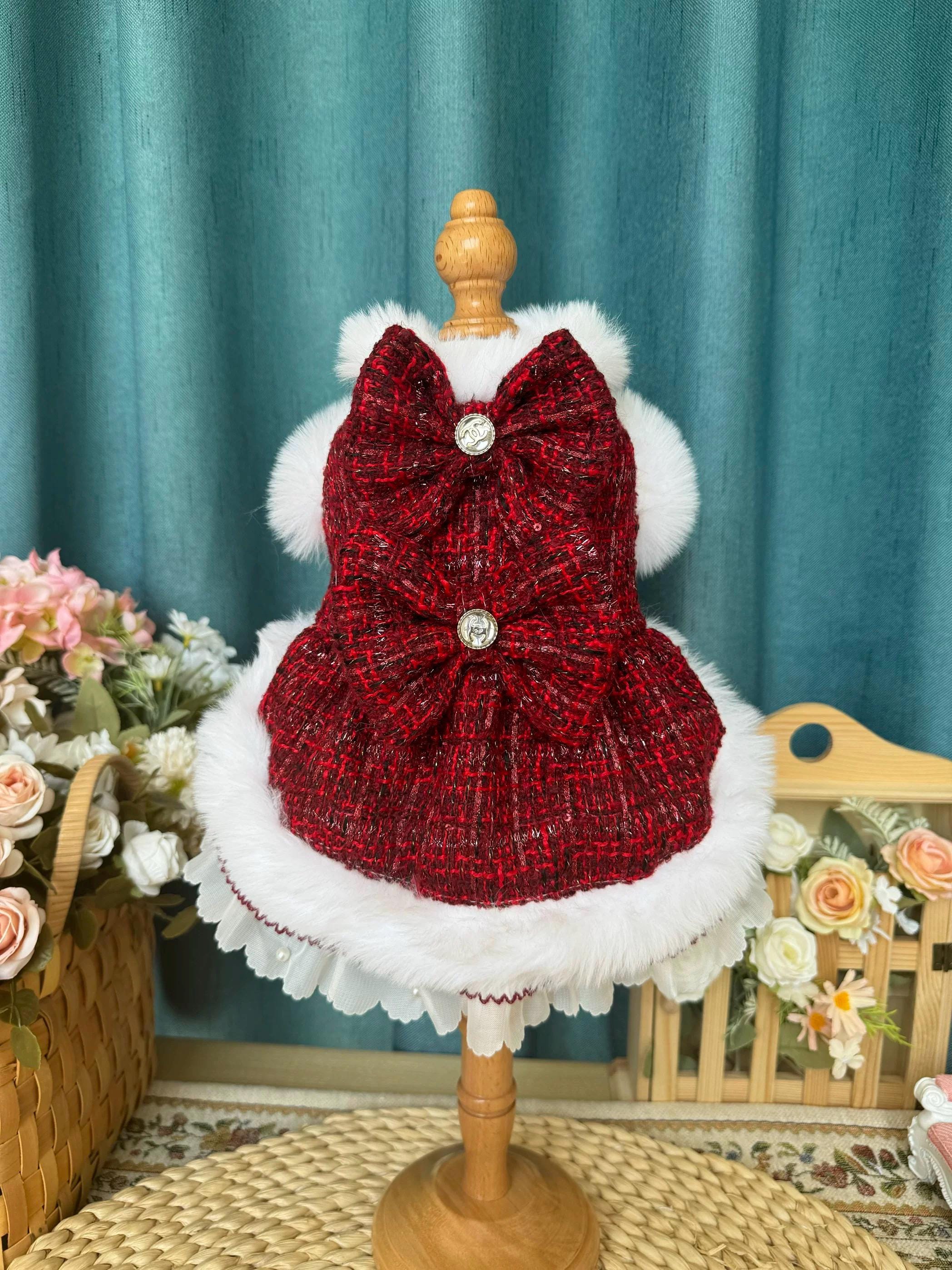 Coco Rosette Red Tweed Dog Harness Dress, Elegant Winter Party Outfit for Dogs, Fur Trim Luxury Pet Dress with D-Ring, Classic Custom Size — product photograph 4 of 7.