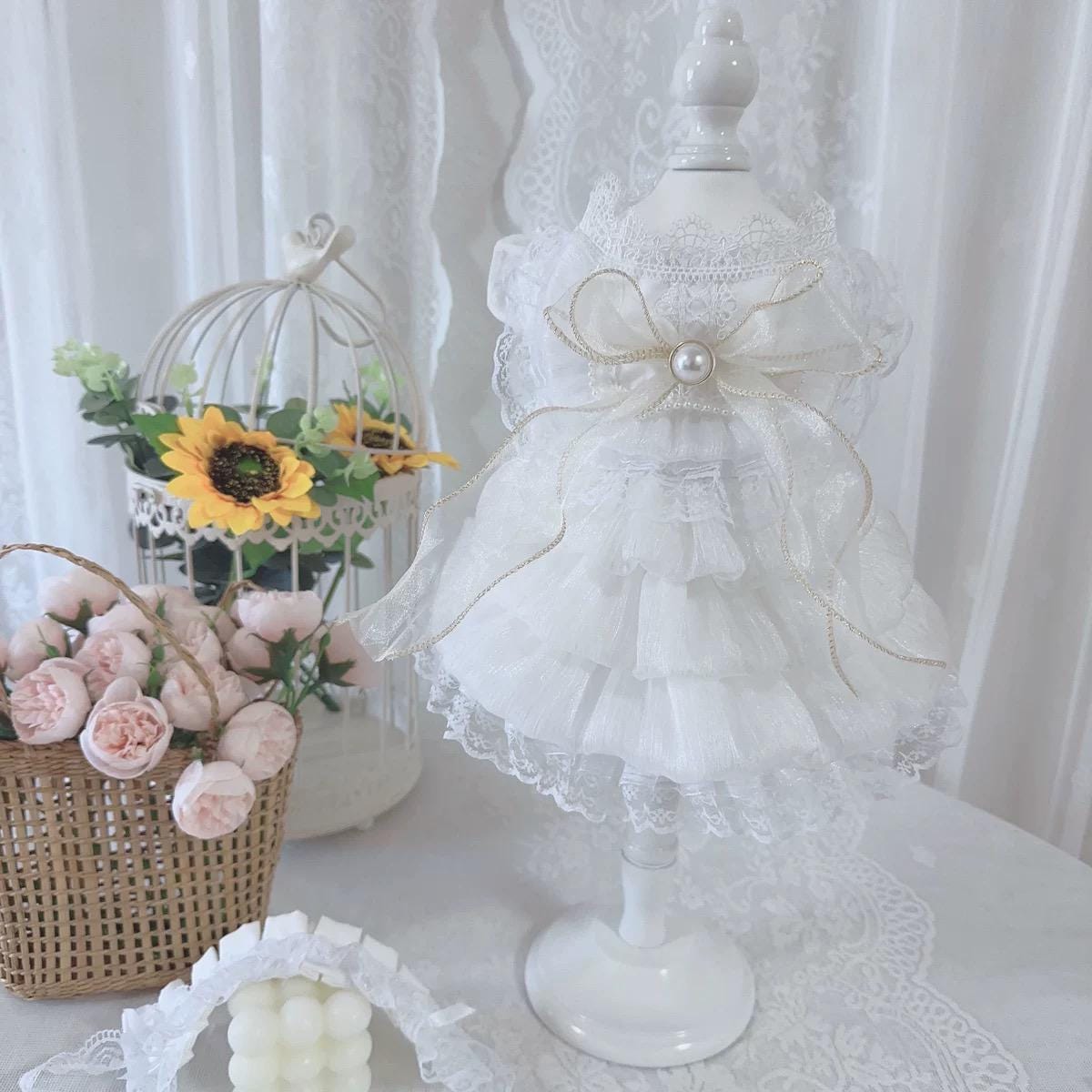 Coco Rosette Dog Wedding Dress with Headband Set, White Dog Gown, Bride Dog Outfit, Princess Dress for Small Dogs, Pet Wedding Photo Outfit — product photograph 2 of 6.