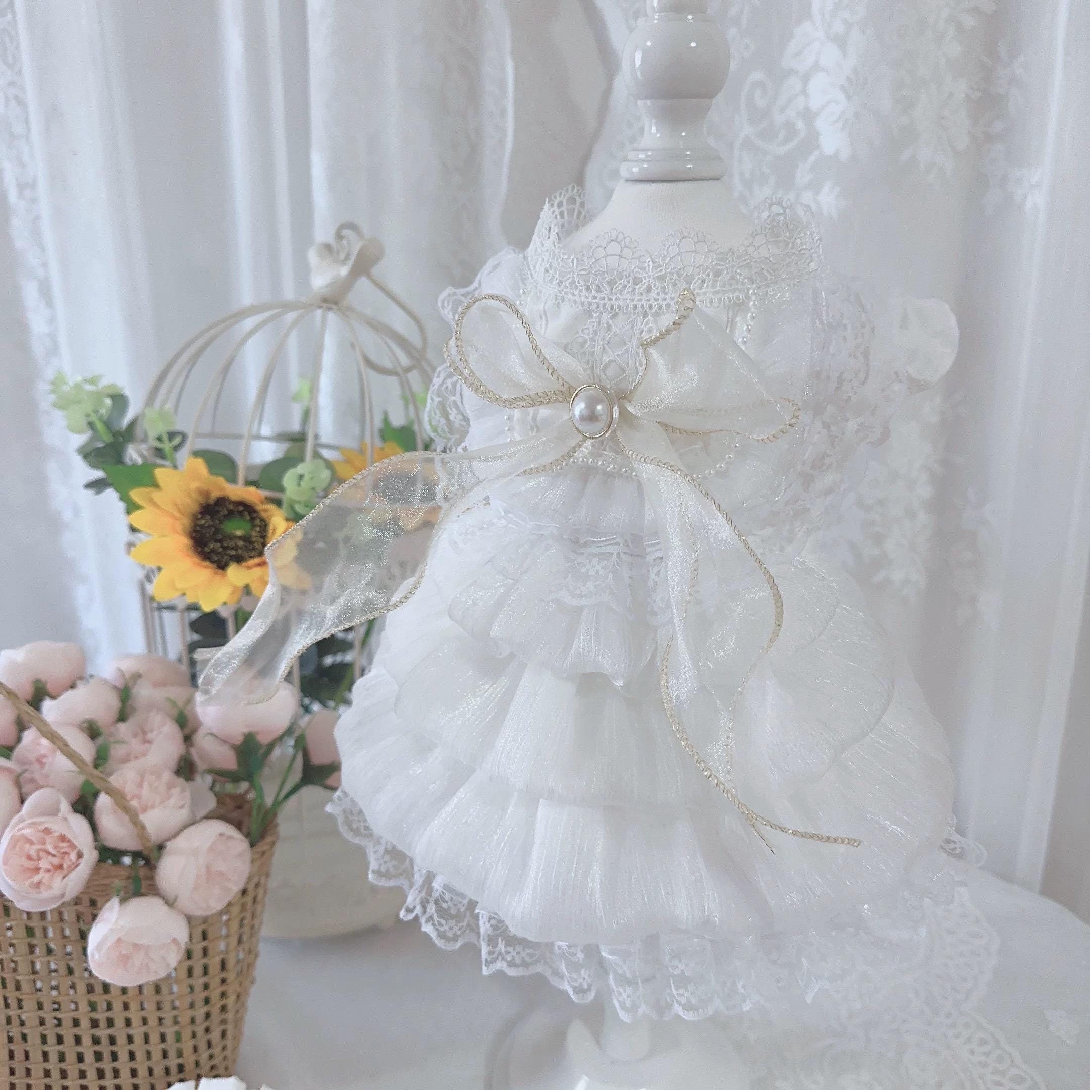 Coco Rosette Dog Wedding Dress with Headband Set, White Dog Gown, Bride Dog Outfit, Princess Dress for Small Dogs, Pet Wedding Photo Outfit — product photograph 3 of 6.