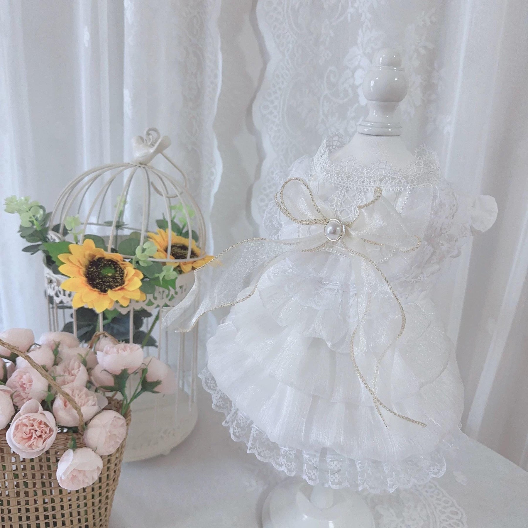 Coco Rosette Dog Wedding Dress with Headband Set, White Dog Gown, Bride Dog Outfit, Princess Dress for Small Dogs, Pet Wedding Photo Outfit — product photograph 6 of 6.