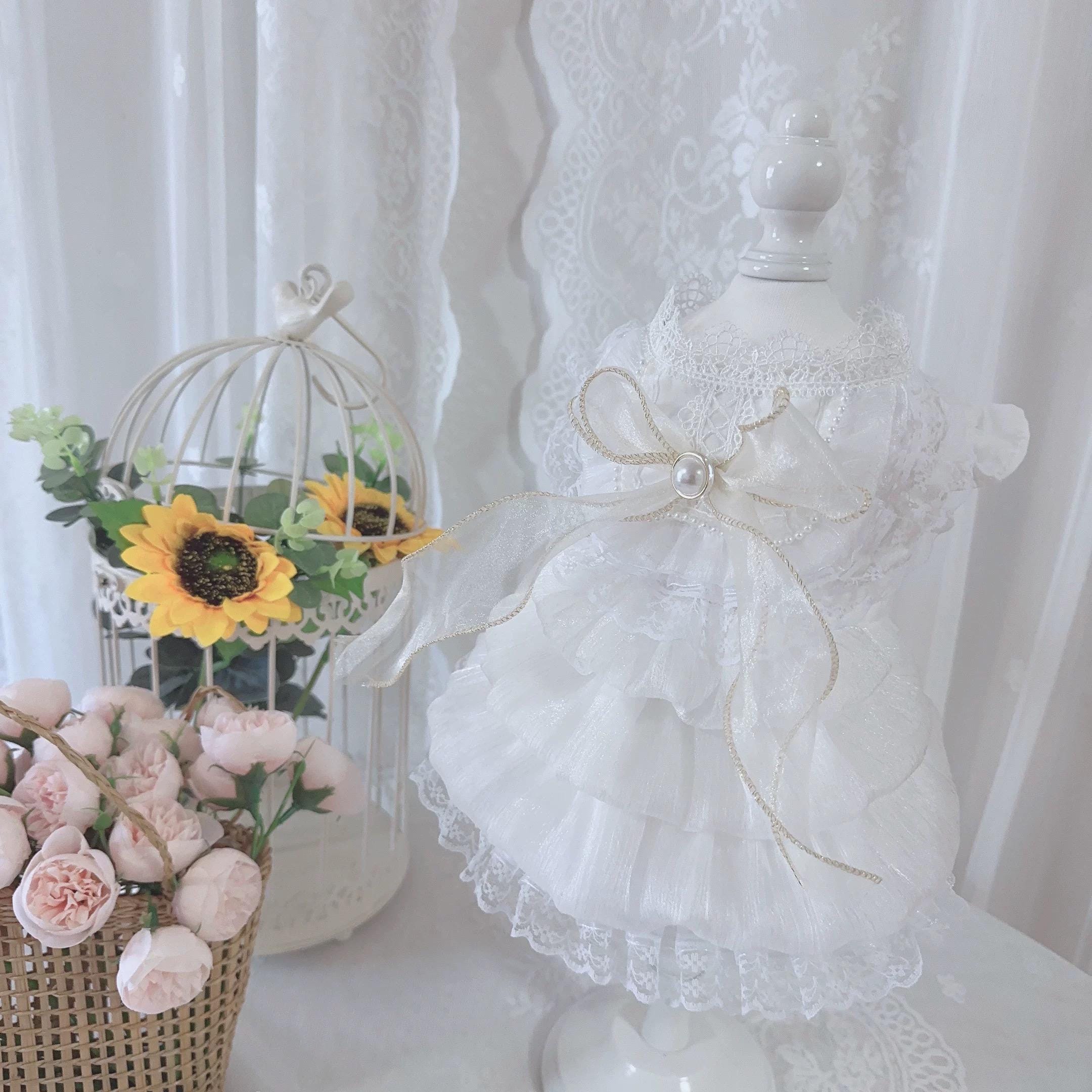 Coco Rosette Dog Wedding Dress with Headband Set, White Dog Gown, Bride Dog Outfit, Princess Dress for Small Dogs, Pet Wedding Photo Outfit — product photograph 6 of 6.