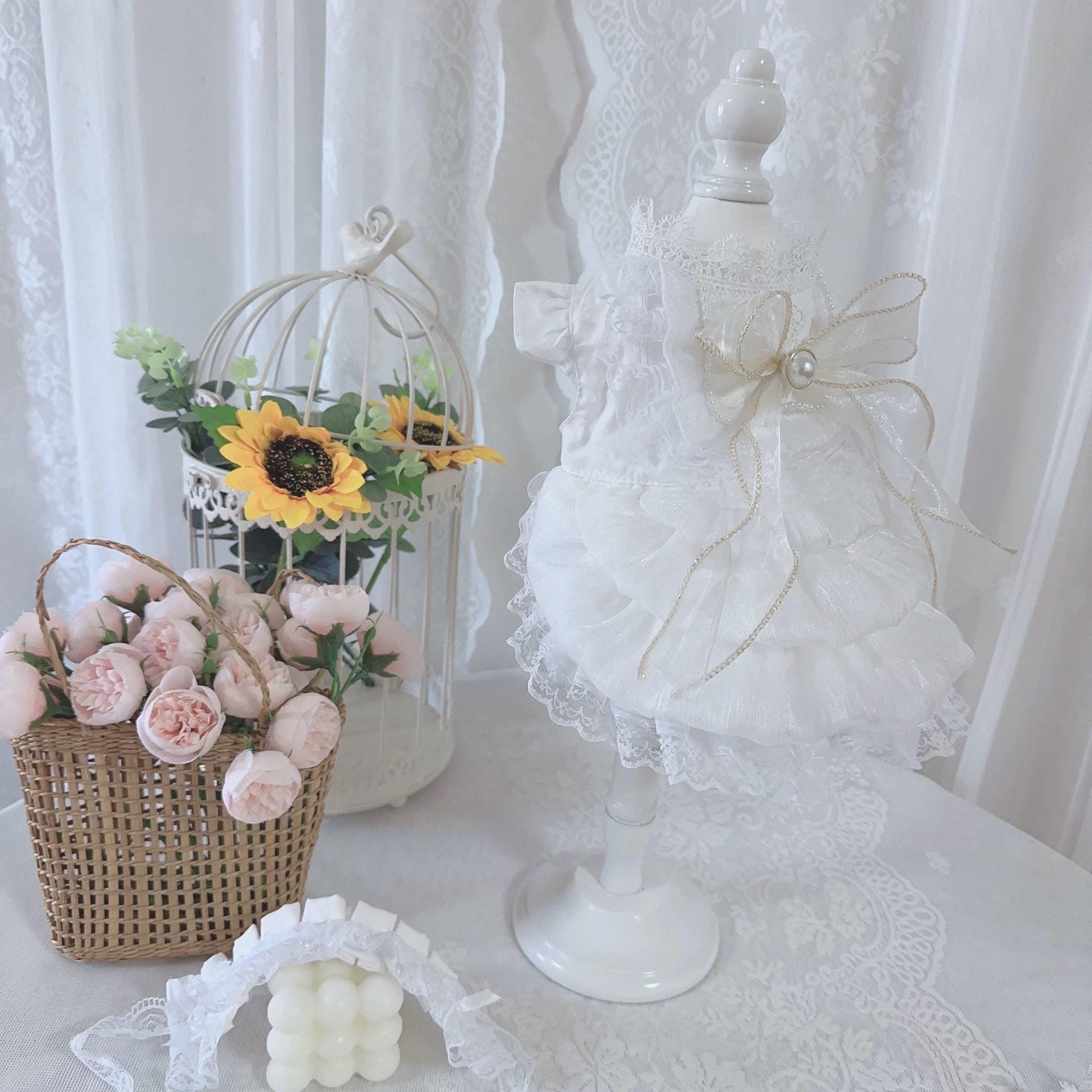 Coco Rosette Dog Wedding Dress with Headband Set, White Dog Gown, Bride Dog Outfit, Princess Dress for Small Dogs, Pet Wedding Photo Outfit — product photograph 5 of 6.