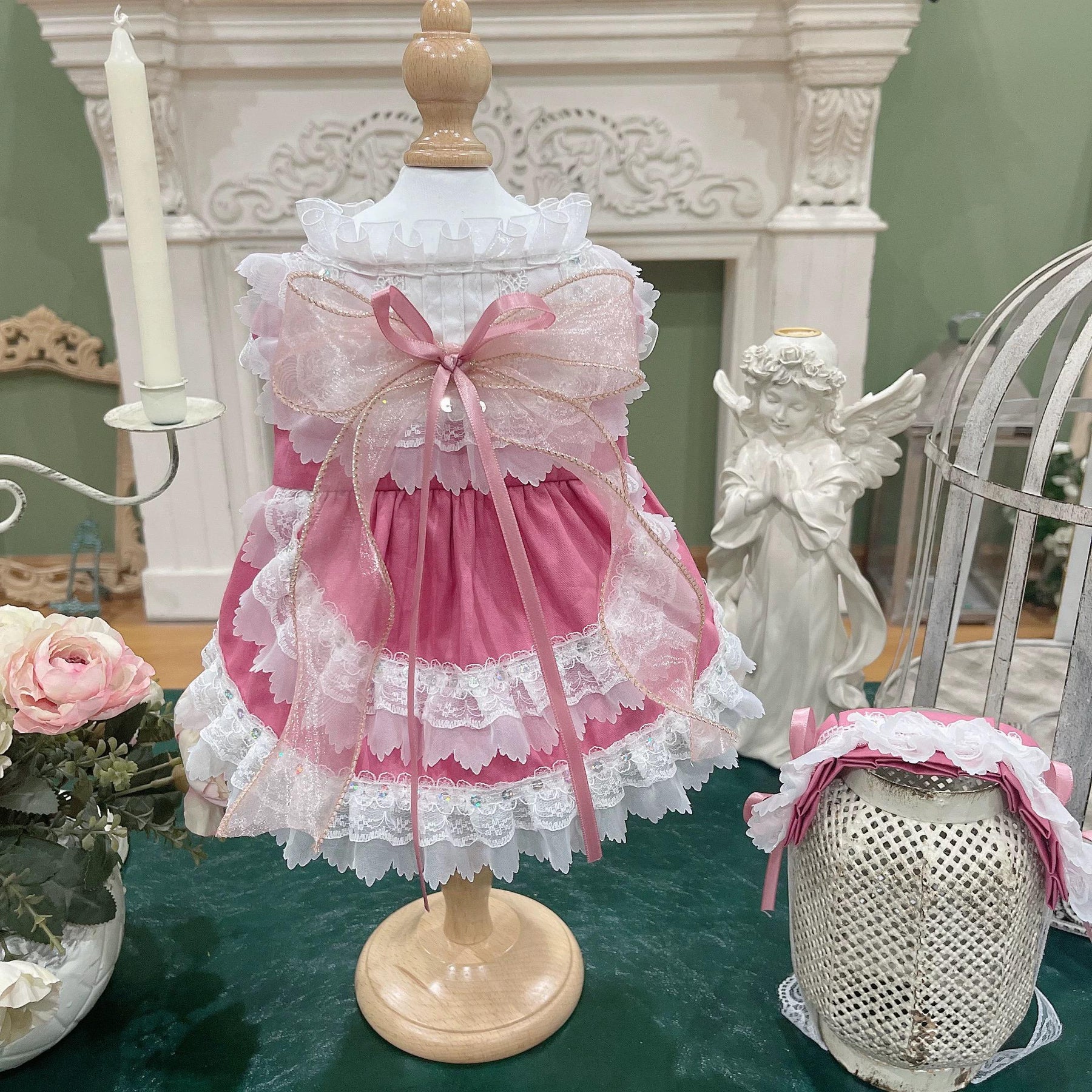 Coco Rosette Pink Dog Dress with Headband, Princess Birthday Outfit for Dogs, Flower Dog Dress Set, Pet Party Gown, Custom Size Dog Dress — product photograph 3 of 4.